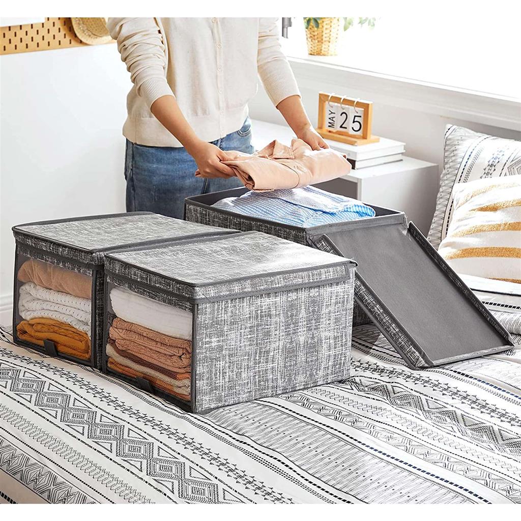 Fabric Storage Boxes Set - Fabric - Grey - Set of 3 with Clear Front Window and Lid