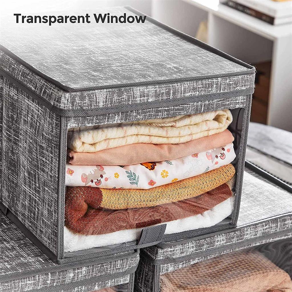 Fabric Storage Boxes Set - Fabric - Grey - Set of 3 with Clear Front Window and Lid