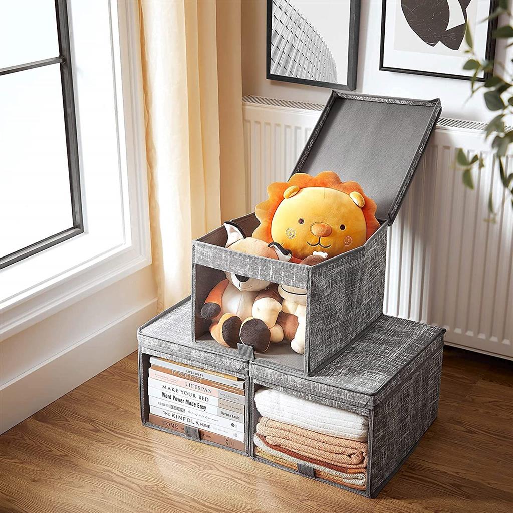 Fabric Storage Boxes Set - Fabric - Grey - Set of 3 with Clear Front Window and Lid