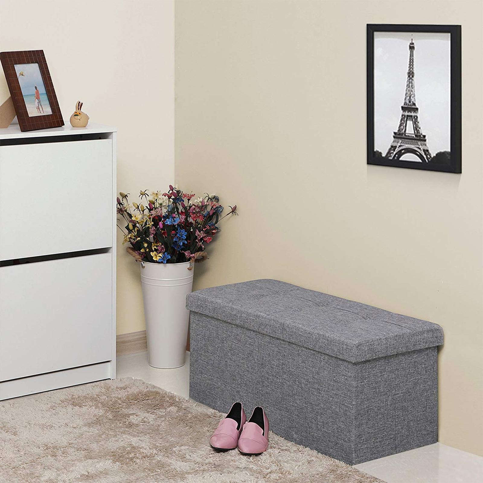 Fabric Storage Ottoman - Linen Fabric - Light Grey - Versatile Folding Toy Box