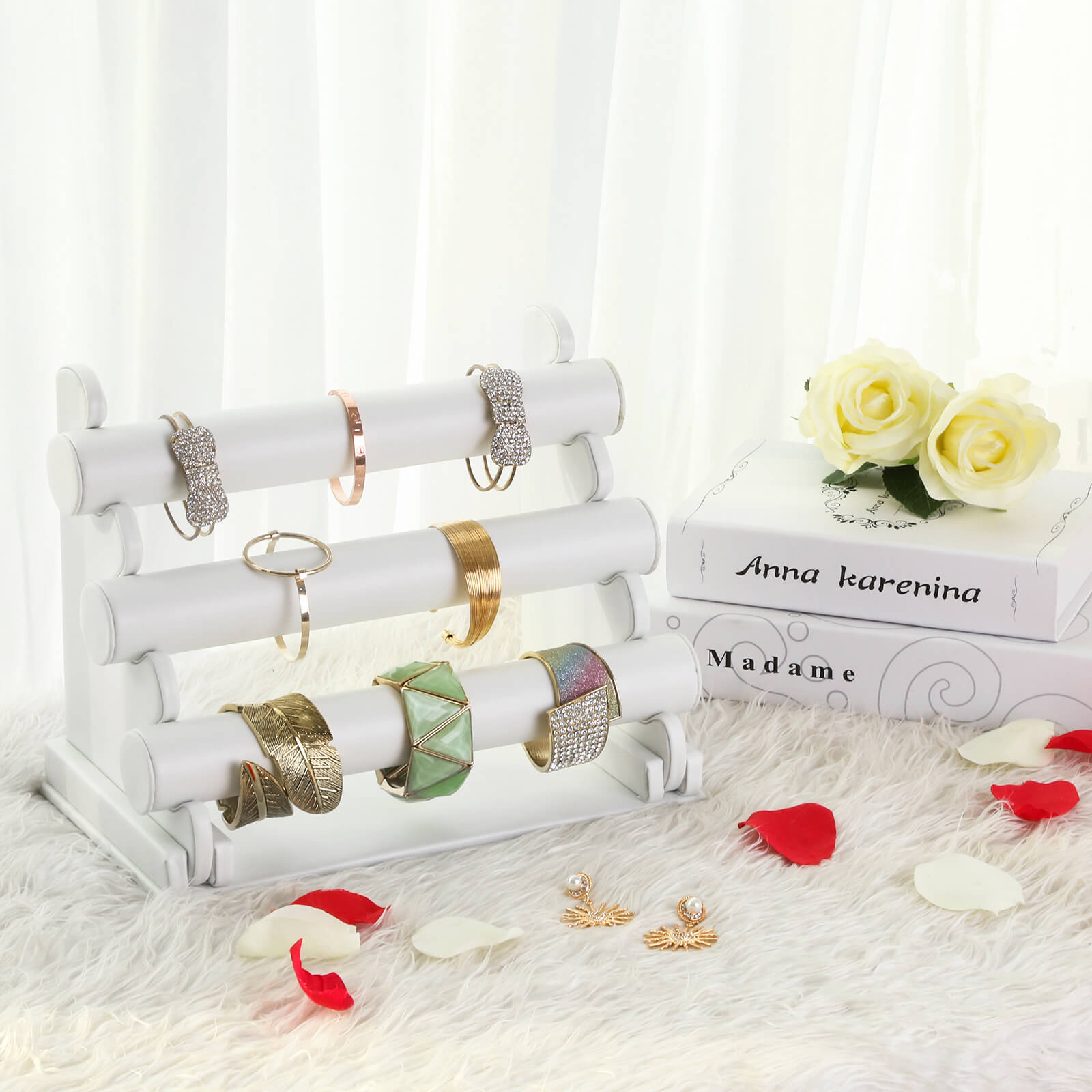 Jewellery Stand - Faux Leather - White - 3-Bar Organizer for Bracelets and Necklaces