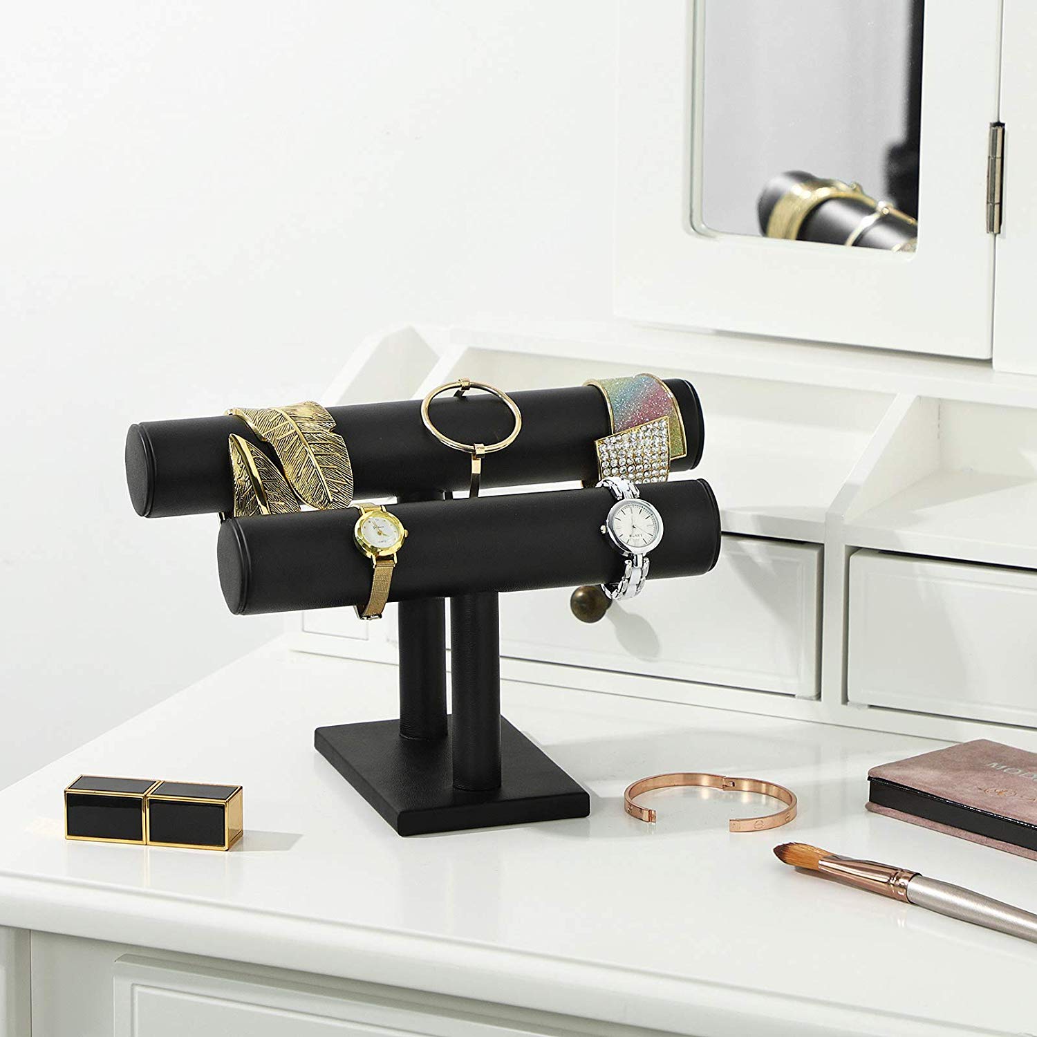 Jewellery Stand - Faux Leather - Black - Multi-functional Watch and Bracelet Holder