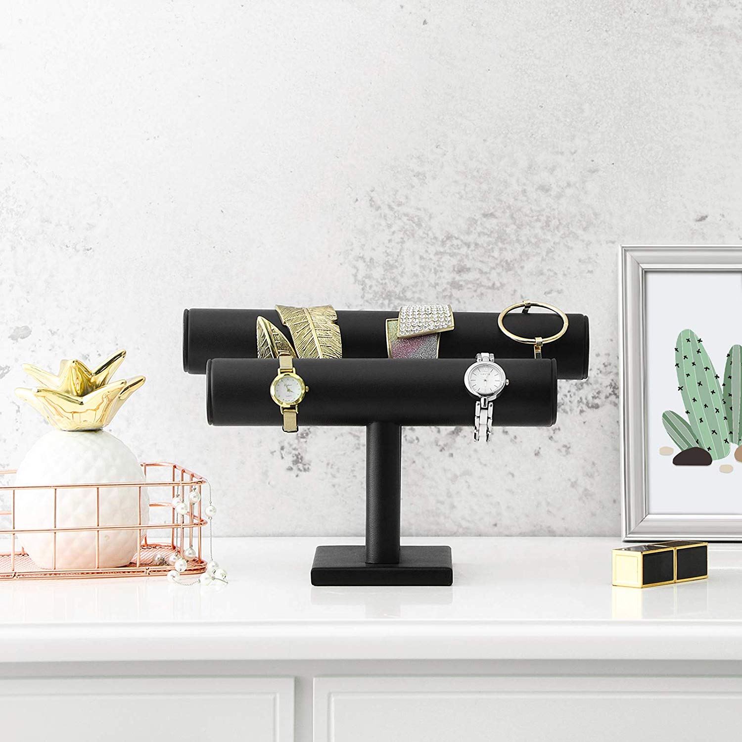 Jewellery Stand - Faux Leather - Black - Multi-functional Watch and Bracelet Holder