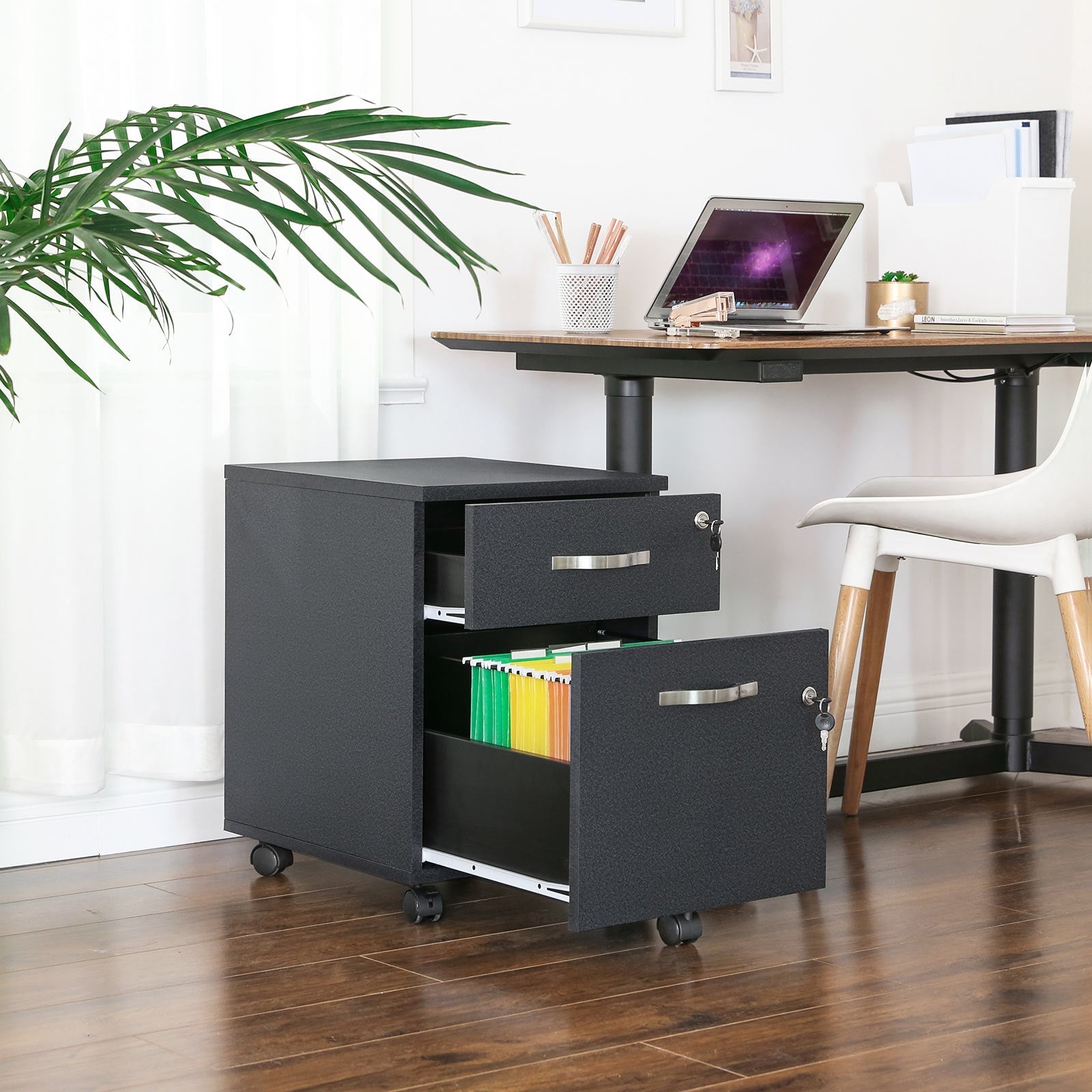Lockable File Cabinet - Wood - White - 2 Drawers with Wheels and Adjustable Hanging Rails