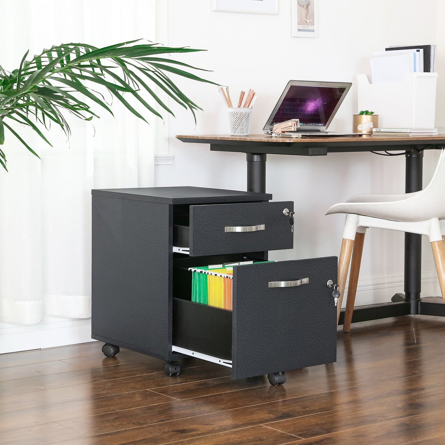 Lockable File Cabinet - Wood - White - 2 Drawers with Wheels and Adjustable Hanging Rails
