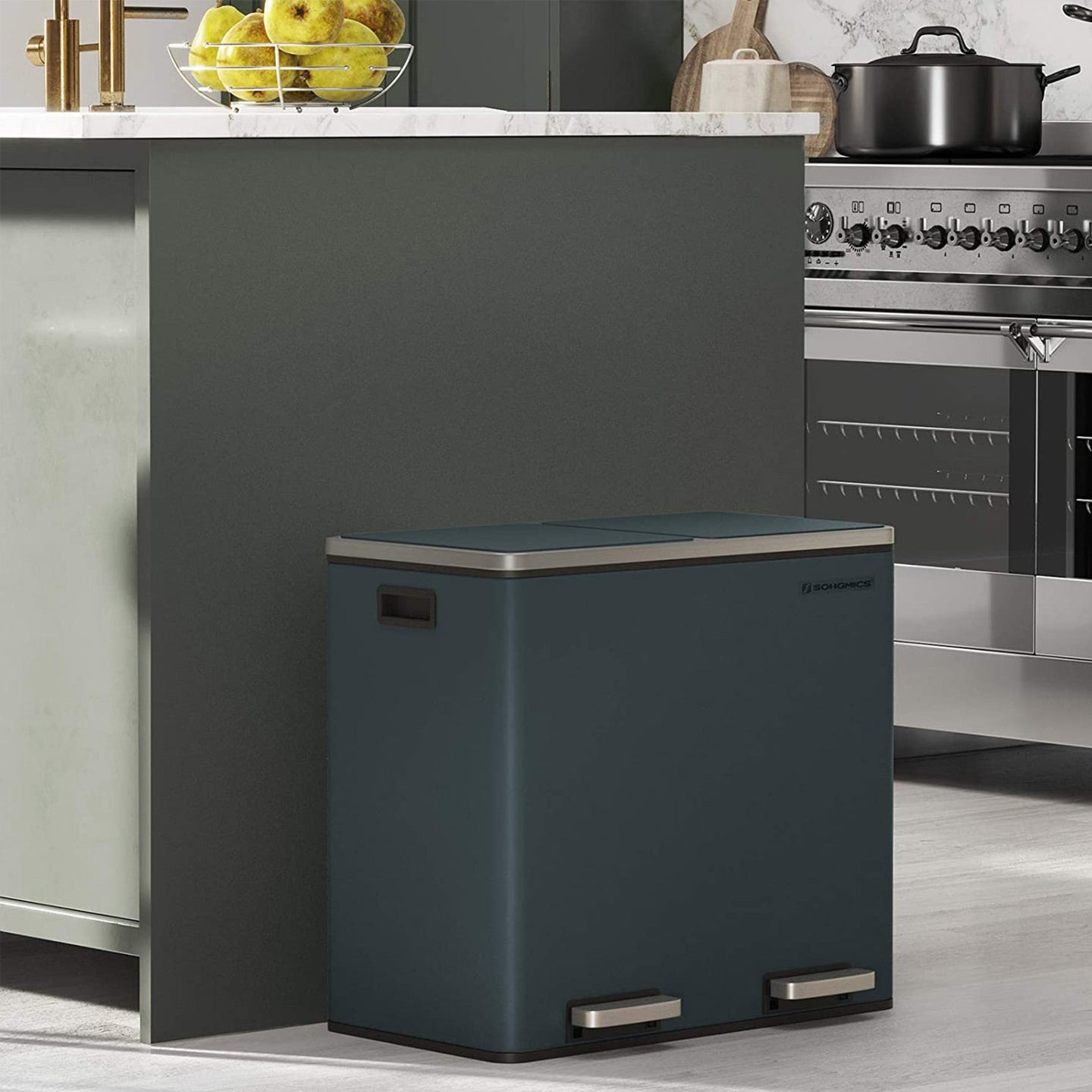 Fingerprint Proof Recycling Bin - Plastic - White - Double Compartment with Soft-Close Lids and Pedals