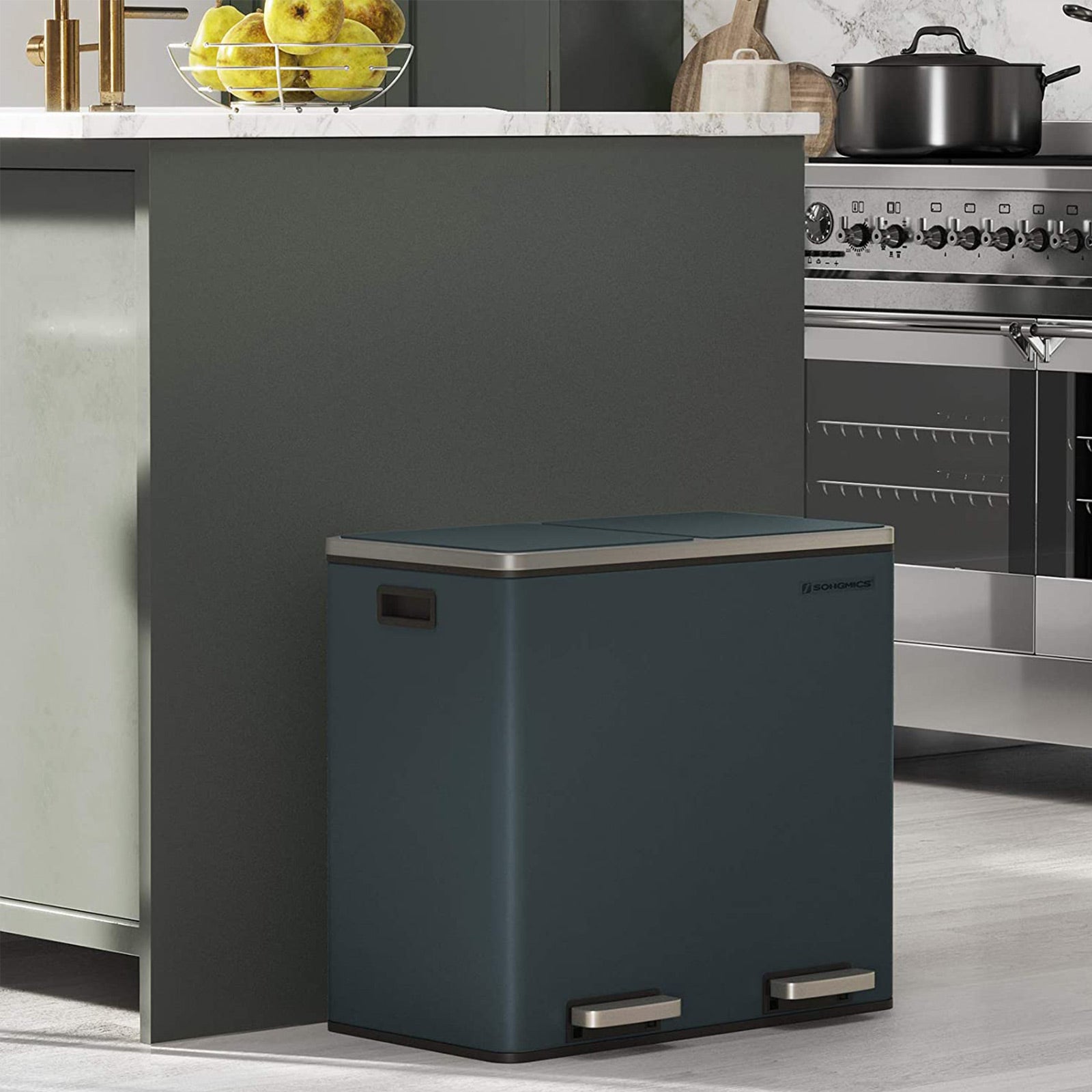 Fingerprint Proof Recycling Bin - Plastic - White - Double Compartment with Soft-Close Lids and Pedals