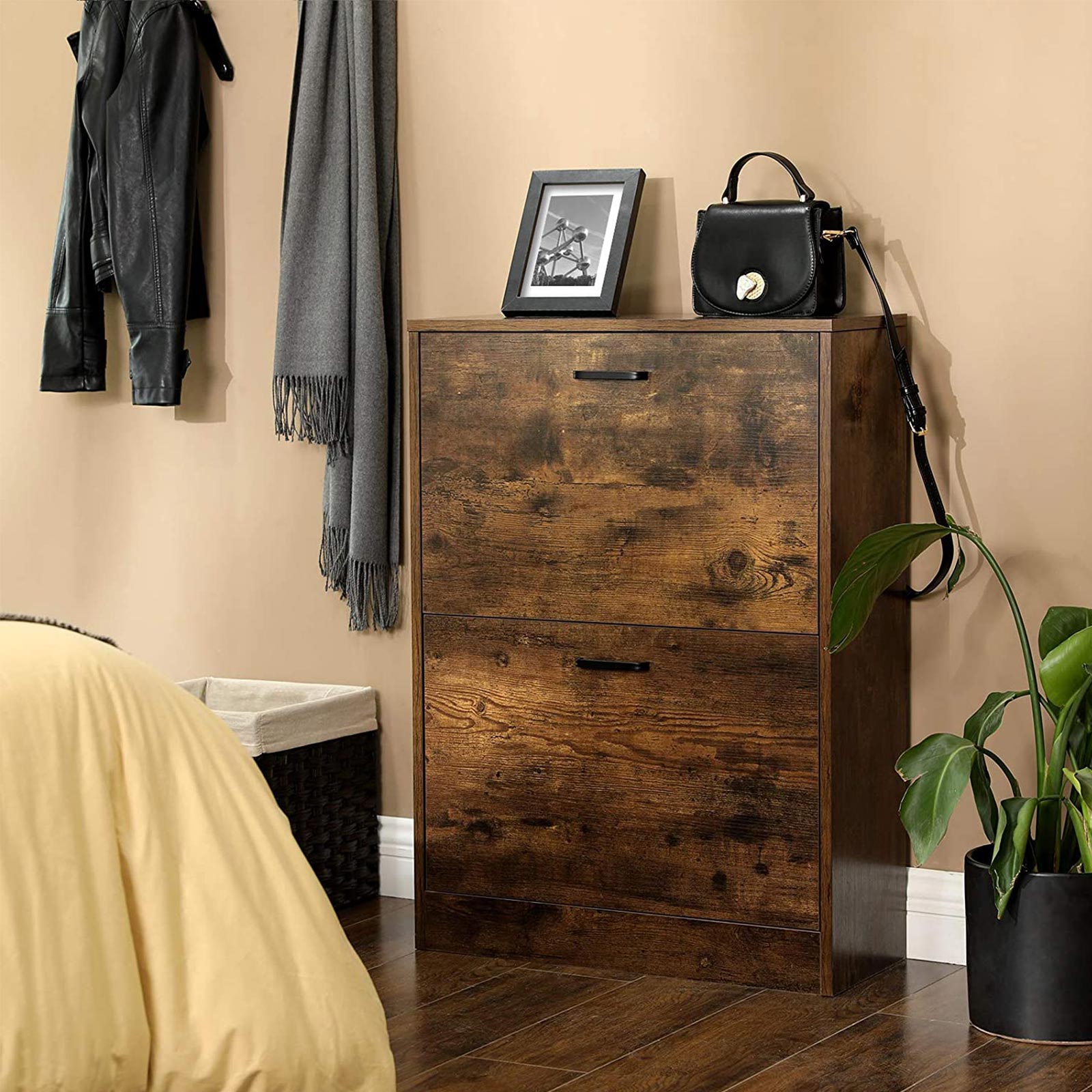 Shoe Cabinet - Engineered Wood - White - 2 Flip Doors for Boot and Heel Storage
