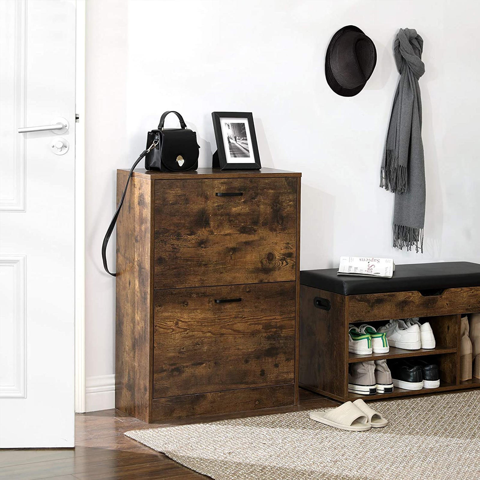 Shoe Cabinet - Engineered Wood - White - 2 Flip Doors for Boot and Heel Storage