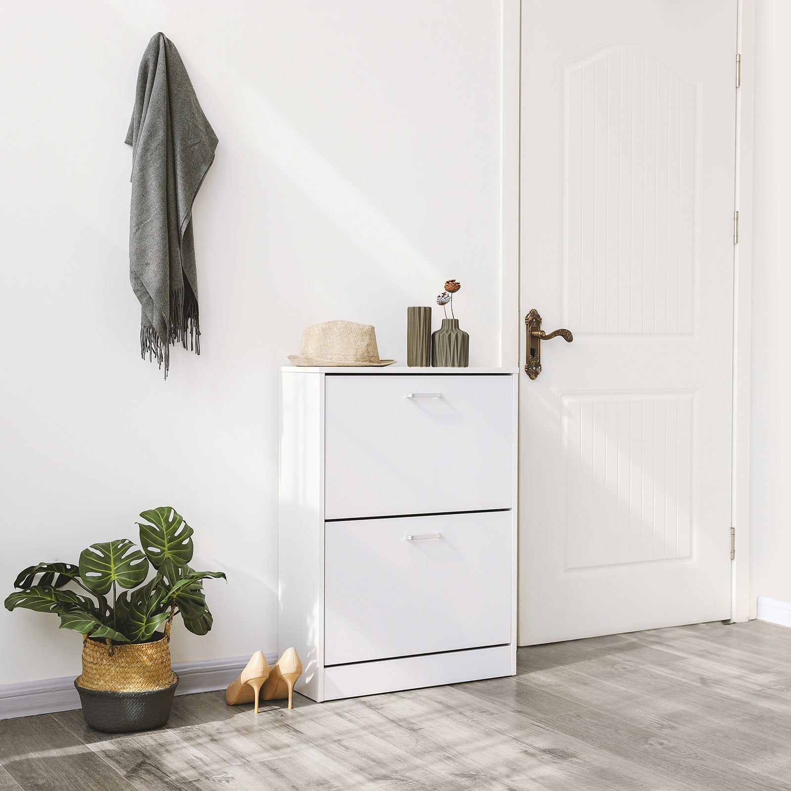 Shoe Cabinet - Engineered Wood - White - 2 Flip Doors for Boot and Heel Storage