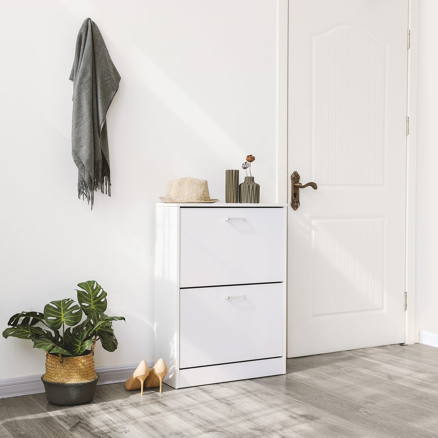 Shoe Cabinet - Engineered Wood - White - 2 Flip Doors for Boot and Heel Storage