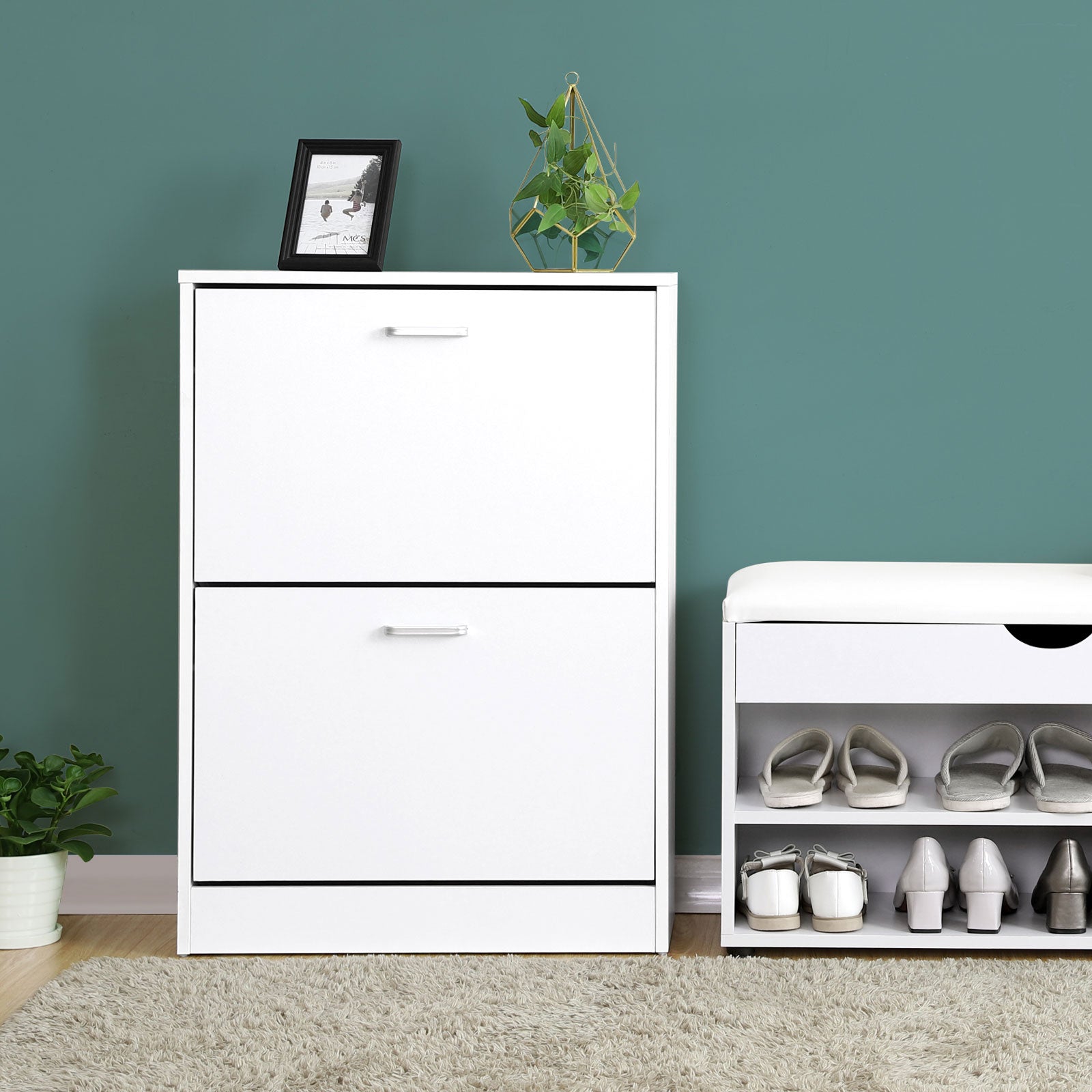 Shoe Cabinet - Engineered Wood - White - 2 Flip Doors for Boot and Heel Storage