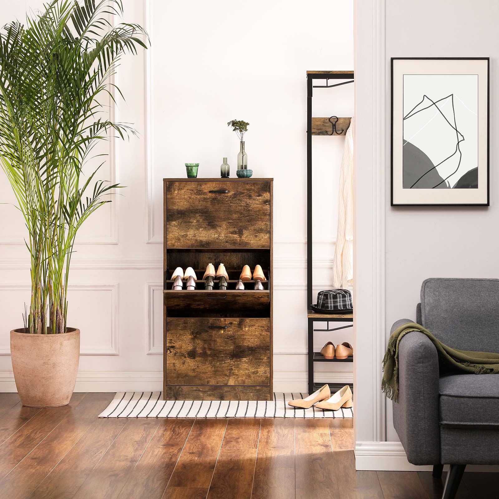 Shoe Cabinet - 3-Tier with Flip Doors - Wood - Rustic Brown