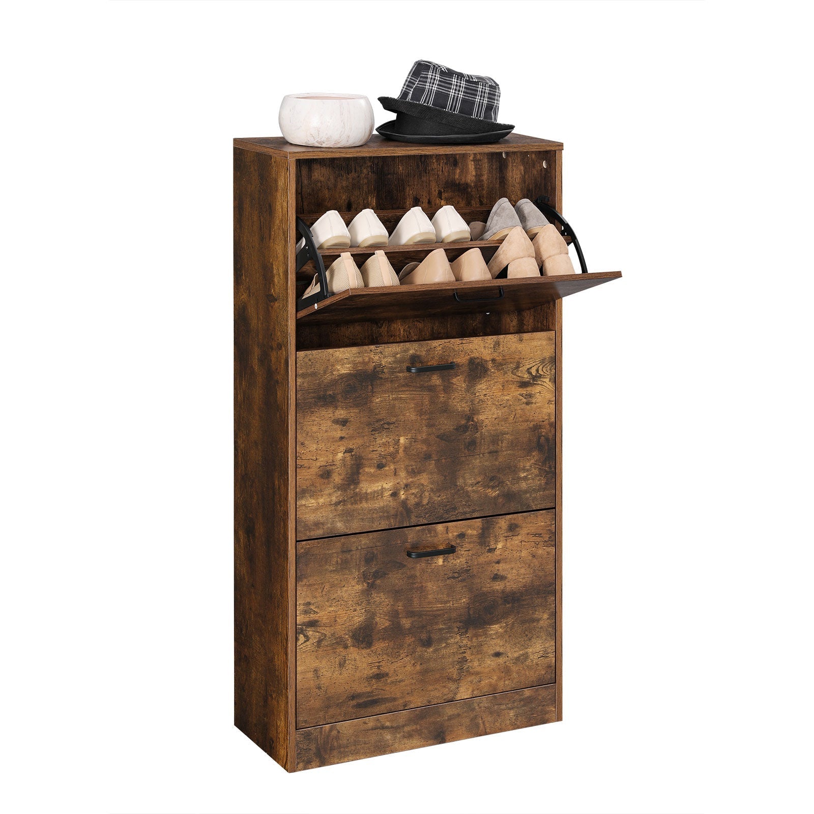 Shoe Cabinet - 3-Tier with Flip Doors - Wood - Rustic Brown