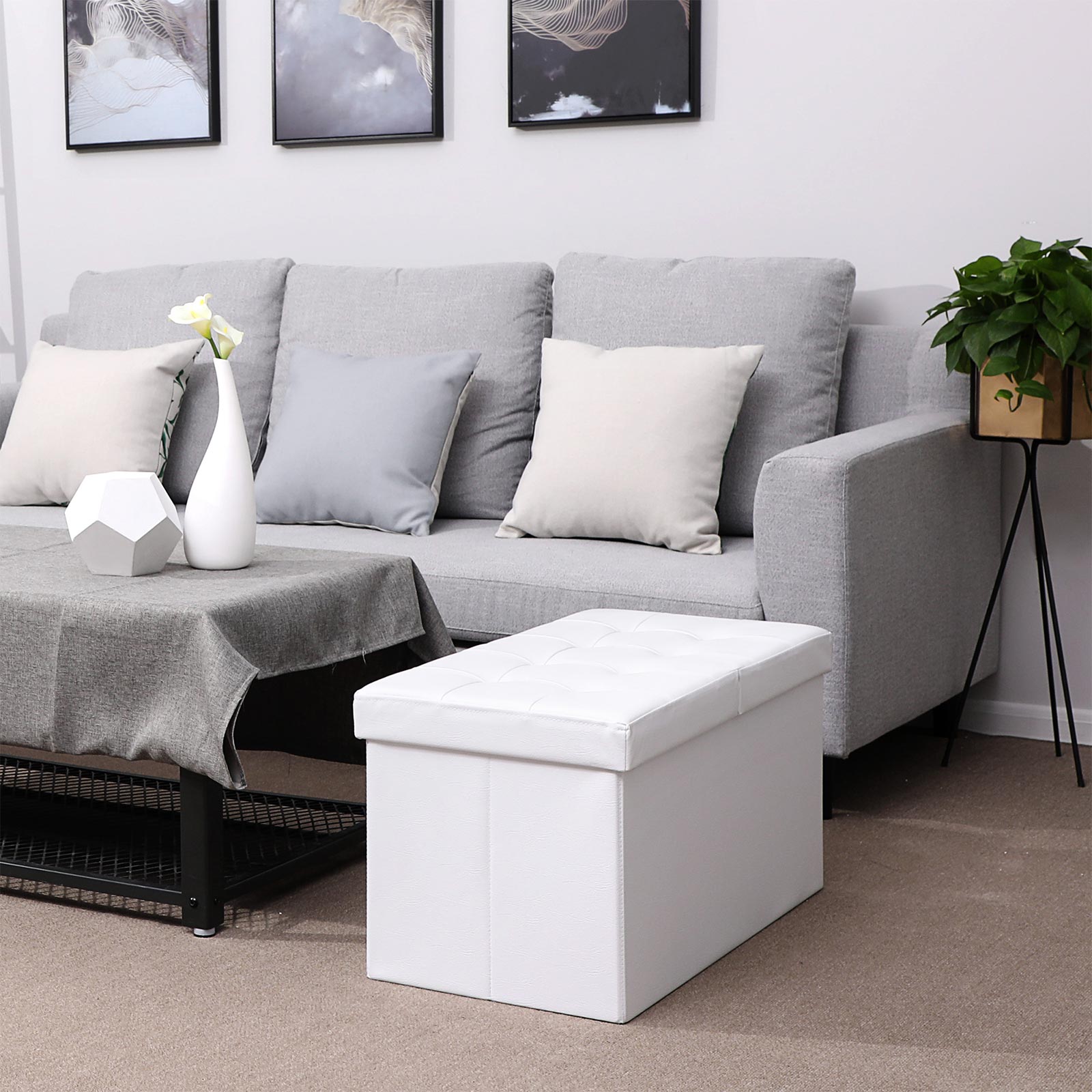 Ottoman Bench - PU Leather - Black - Folding with Storage Space