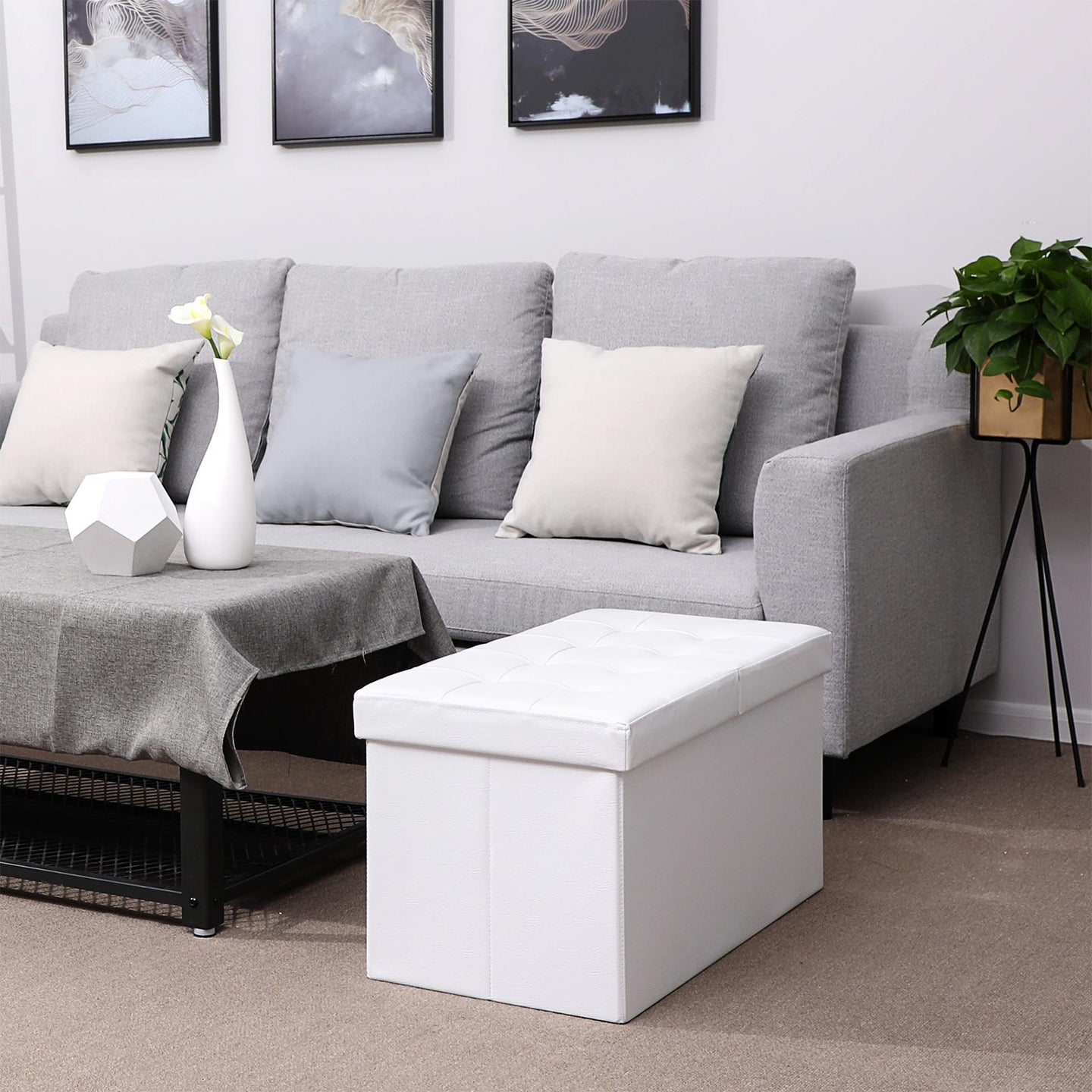 Ottoman Bench - PU Leather - Black - Folding with Storage Space