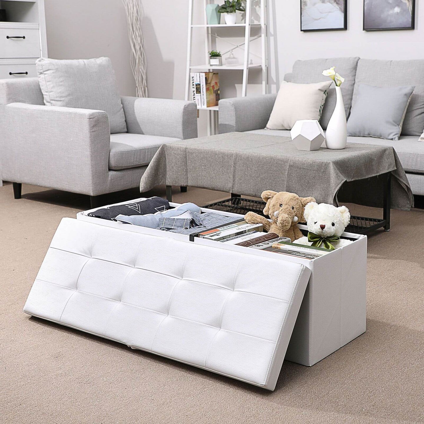 Folding Storage Ottoman Bench - Fabric - White - Foldable with High Load Capacity