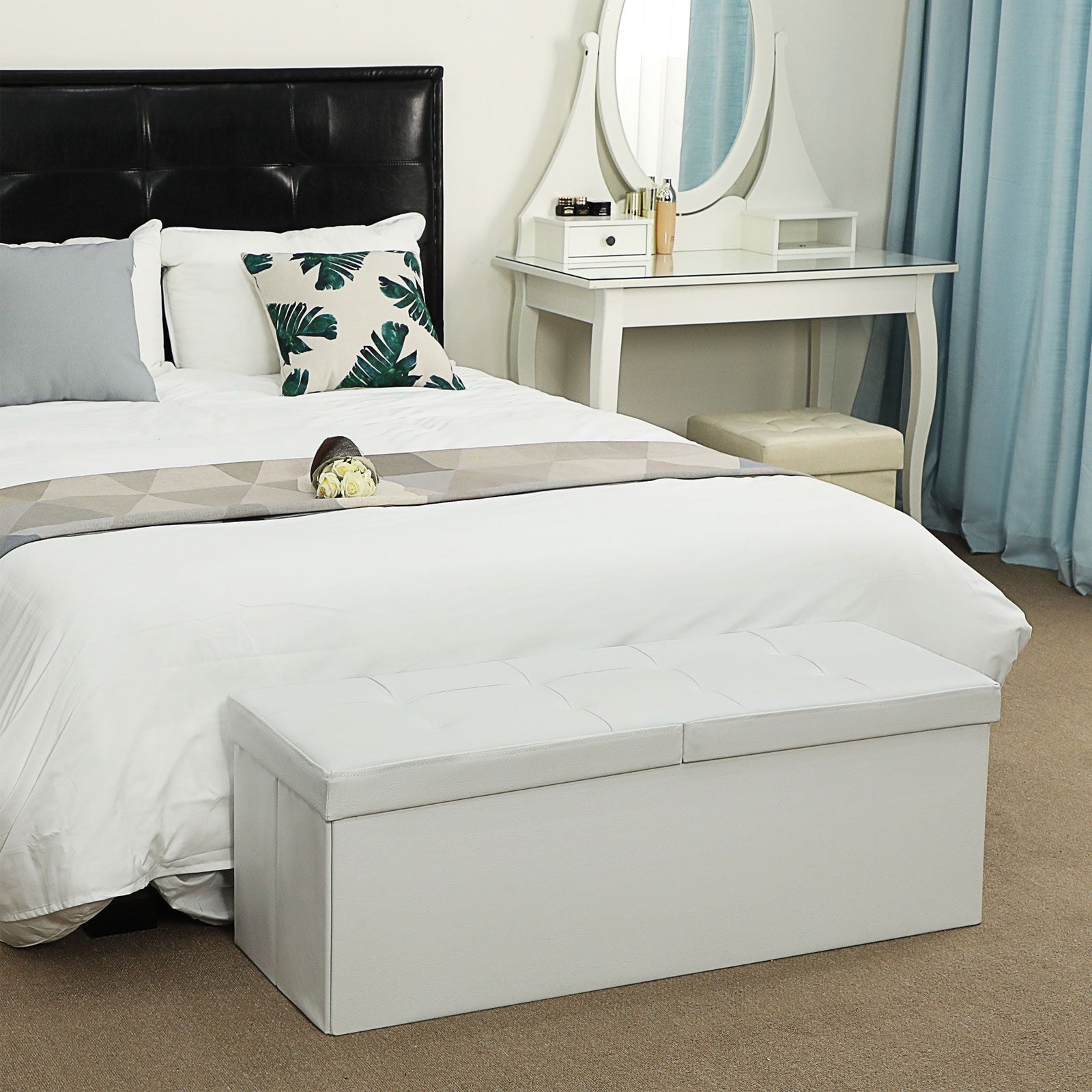 Folding Storage Ottoman Bench - Fabric - White - Foldable with High Load Capacity
