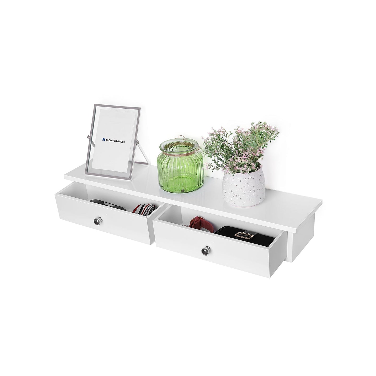 Floating Wall Shelf - MDF - White - Dual Drawer Storage