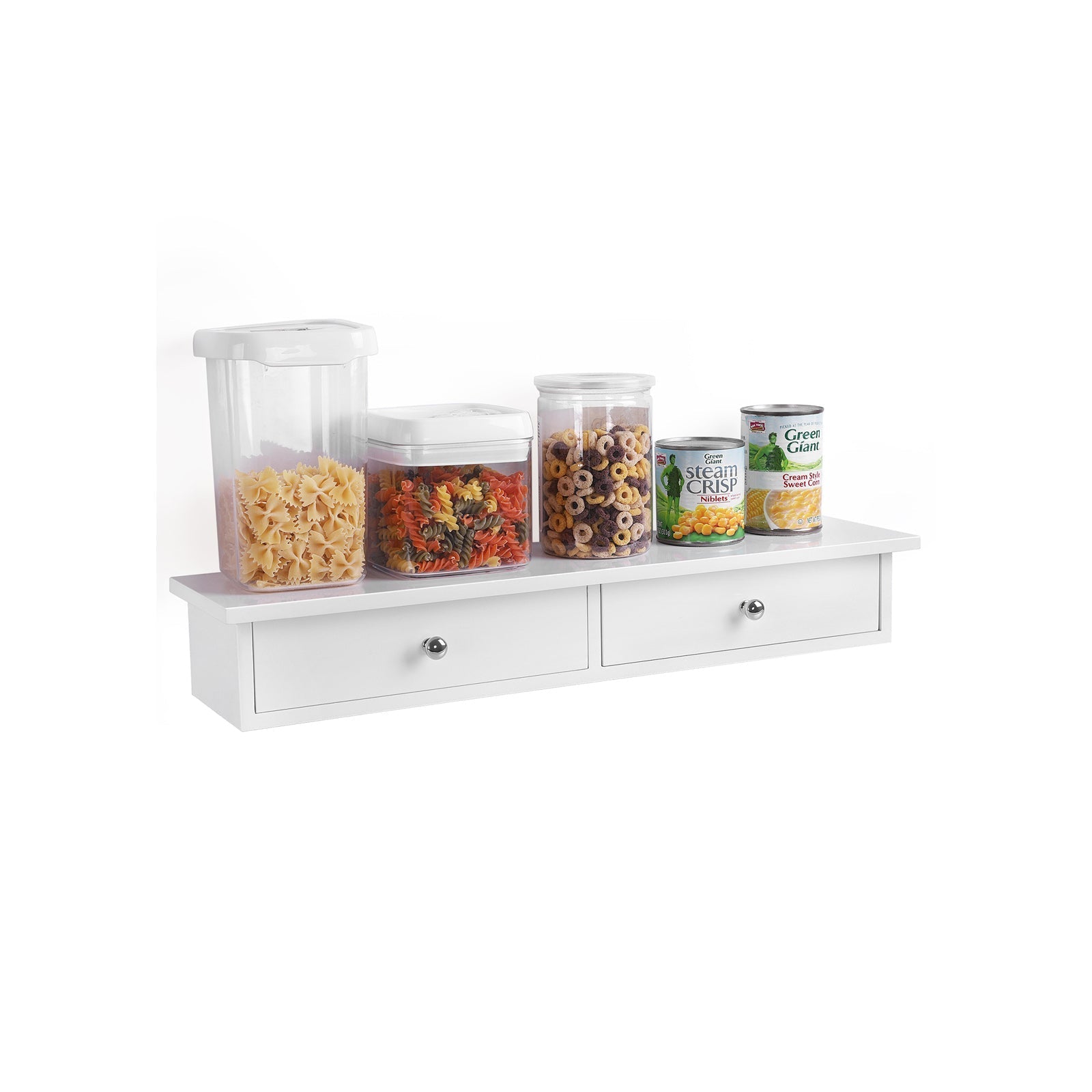 Floating Wall Shelf - MDF - White - Dual Drawer Storage