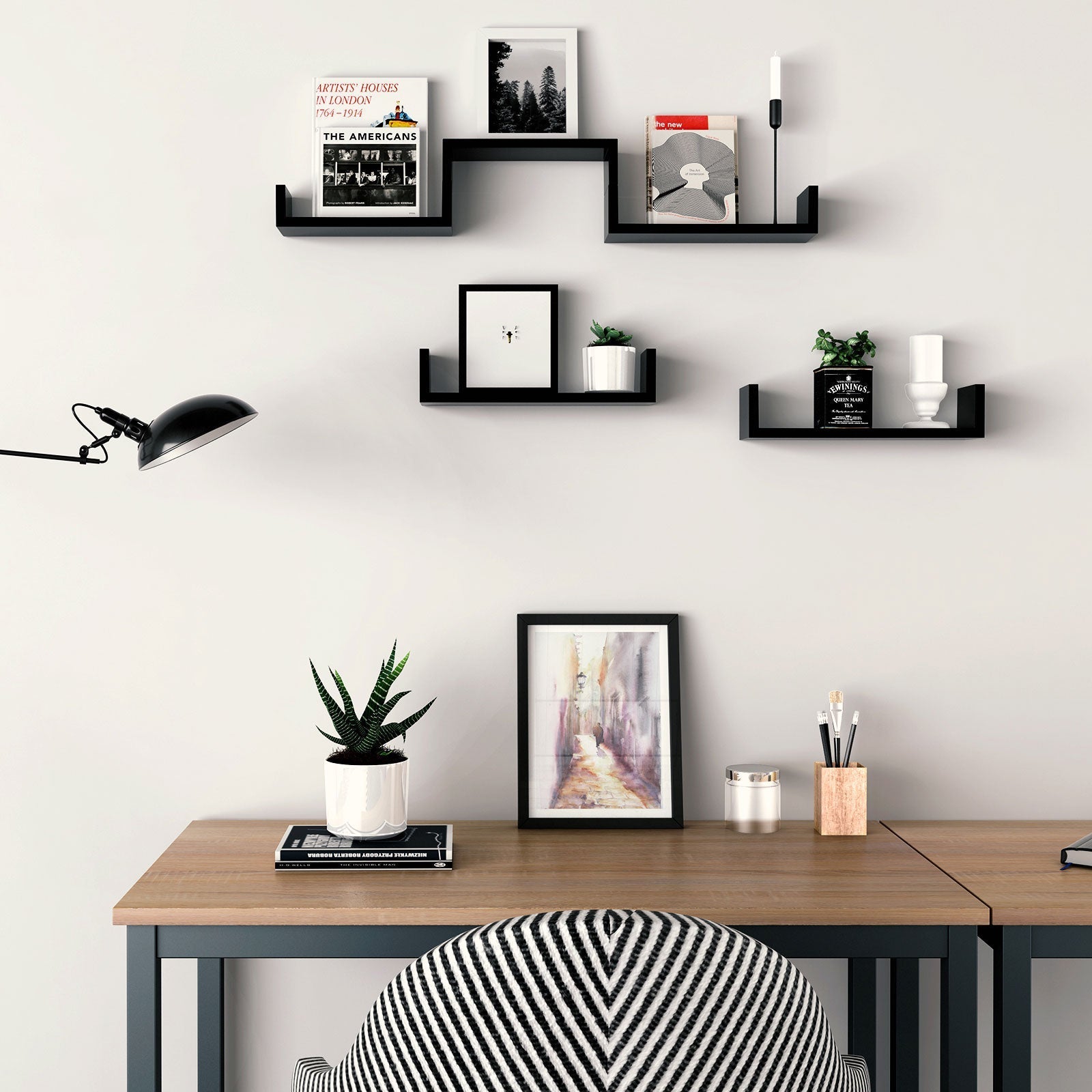 Floating Wall Shelves - MDF - Black - Modern High Gloss Finish with Invisible Mounting