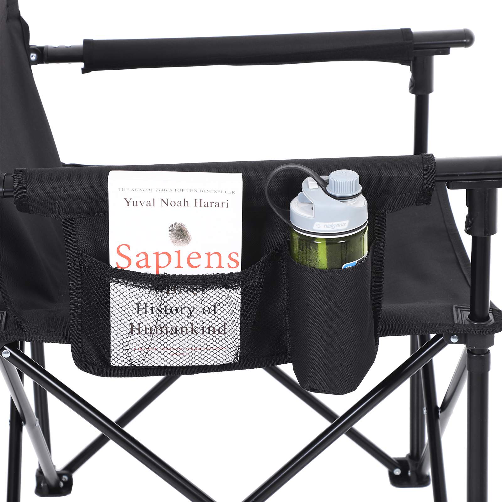Foldable Camping Chair - Durable Fabric - Black - Features 3-Pocket Design