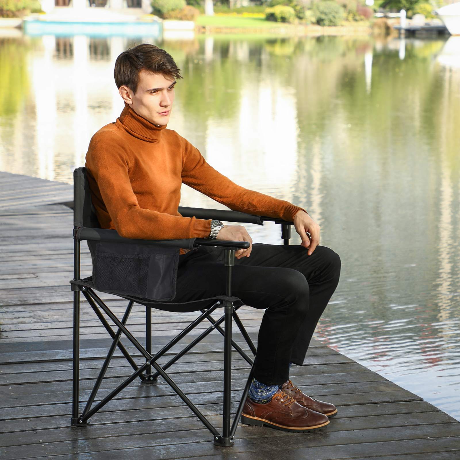 Foldable Camping Chair - Durable Fabric - Black - Features 3-Pocket Design