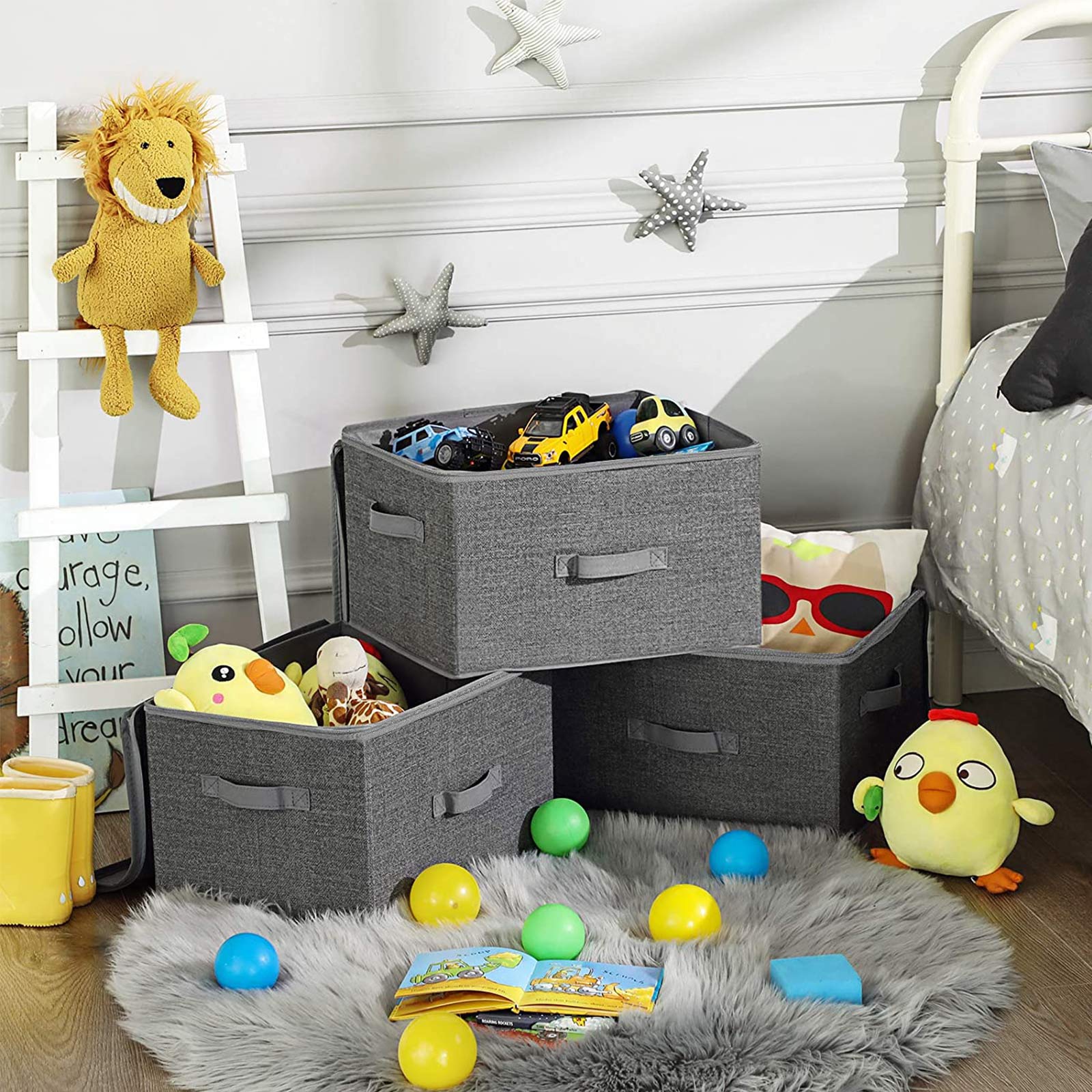 Foldable Storage Basket - Fabric - Grey - Lidded with Handles
