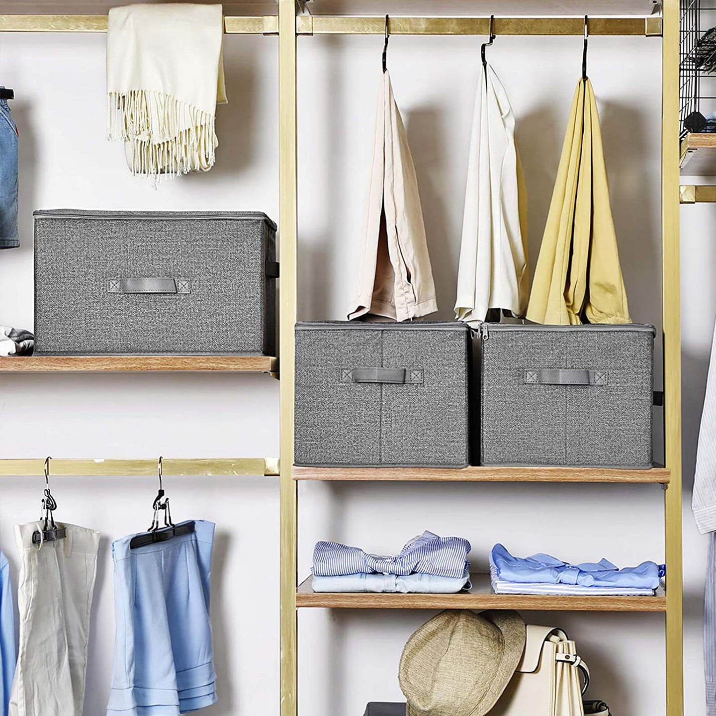 Foldable Storage Basket - Fabric - Grey - Lidded with Handles
