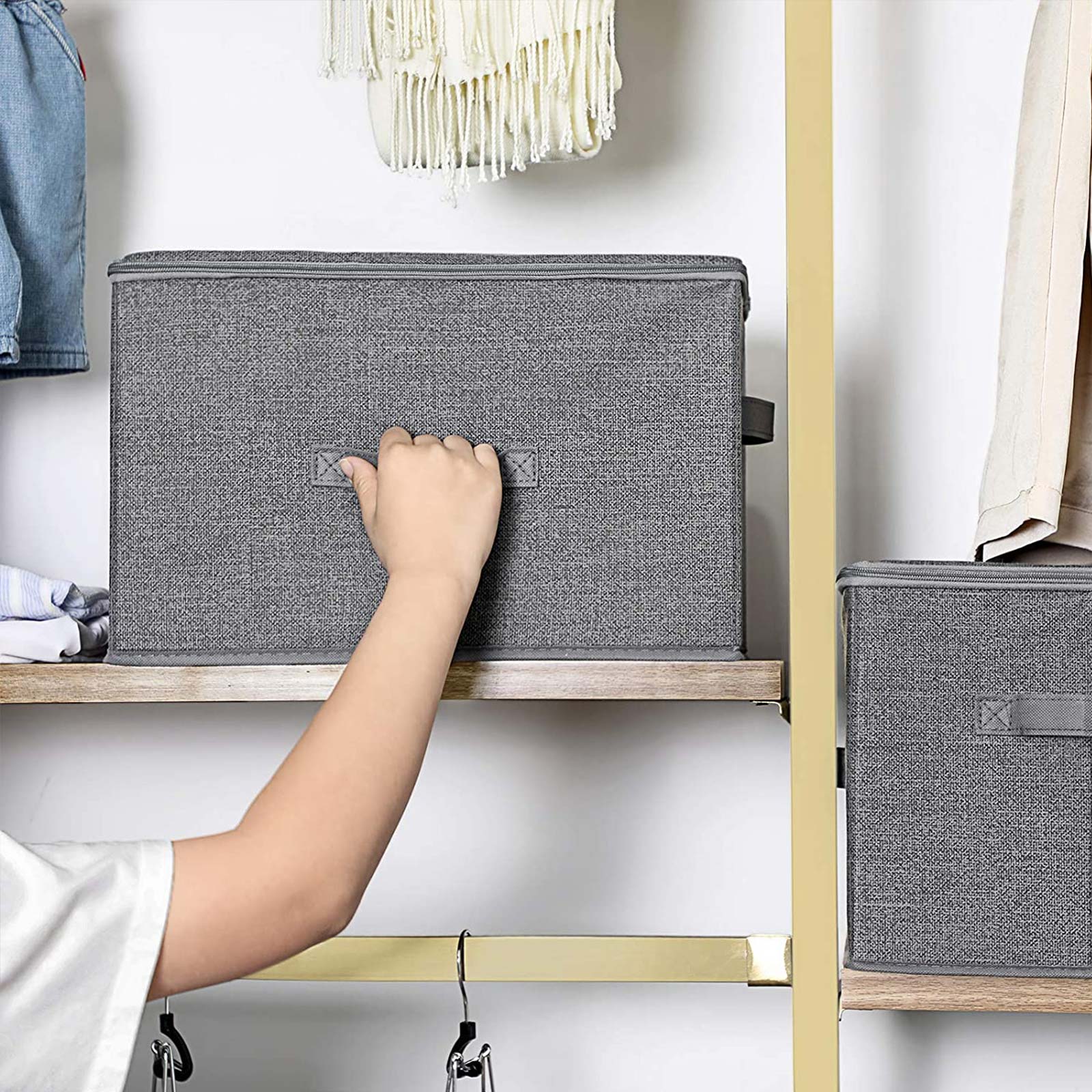 Foldable Storage Basket - Fabric - Grey - Lidded with Handles
