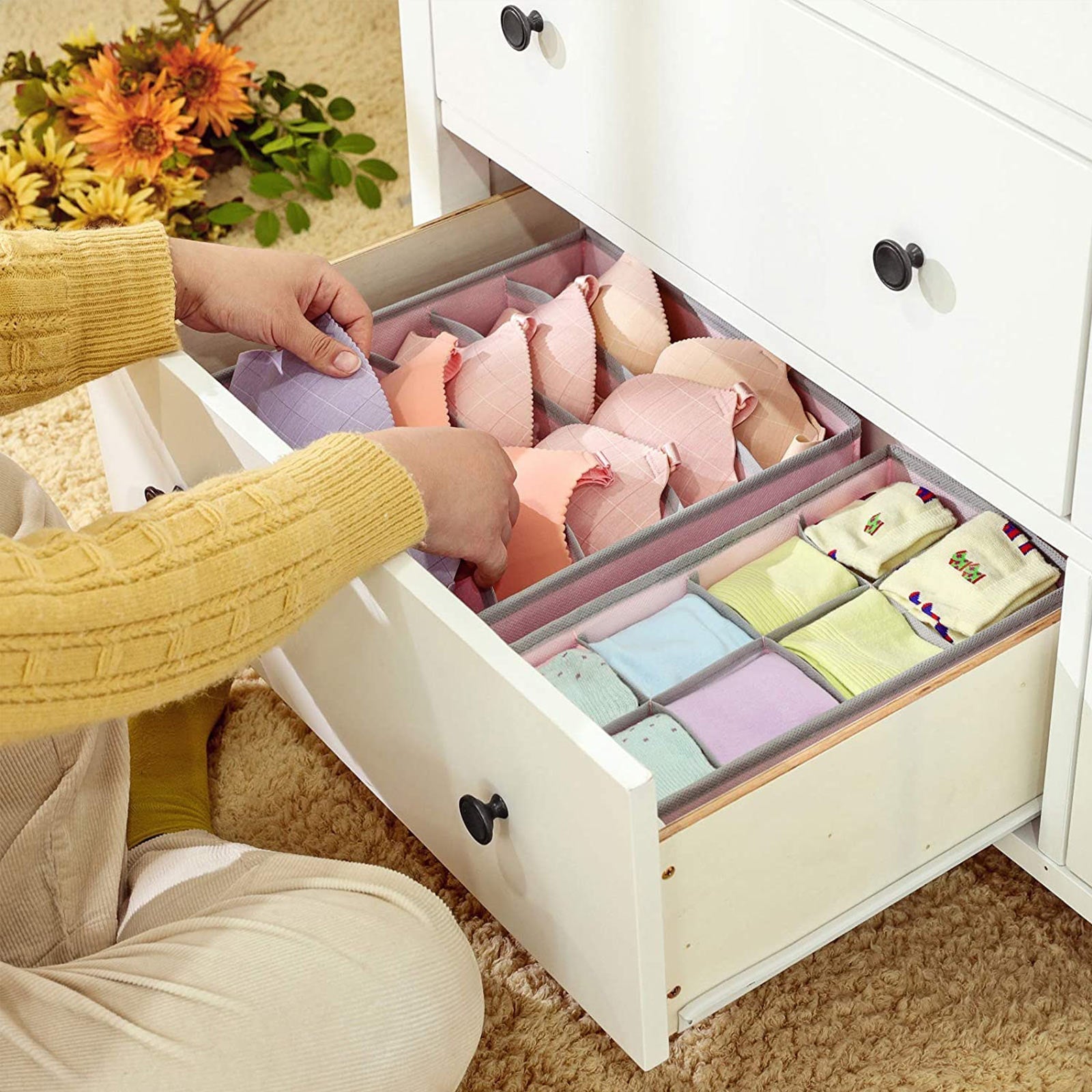 Foldable Storage Boxes Set - Fabric - Grey - Collapsible Drawer Organisers