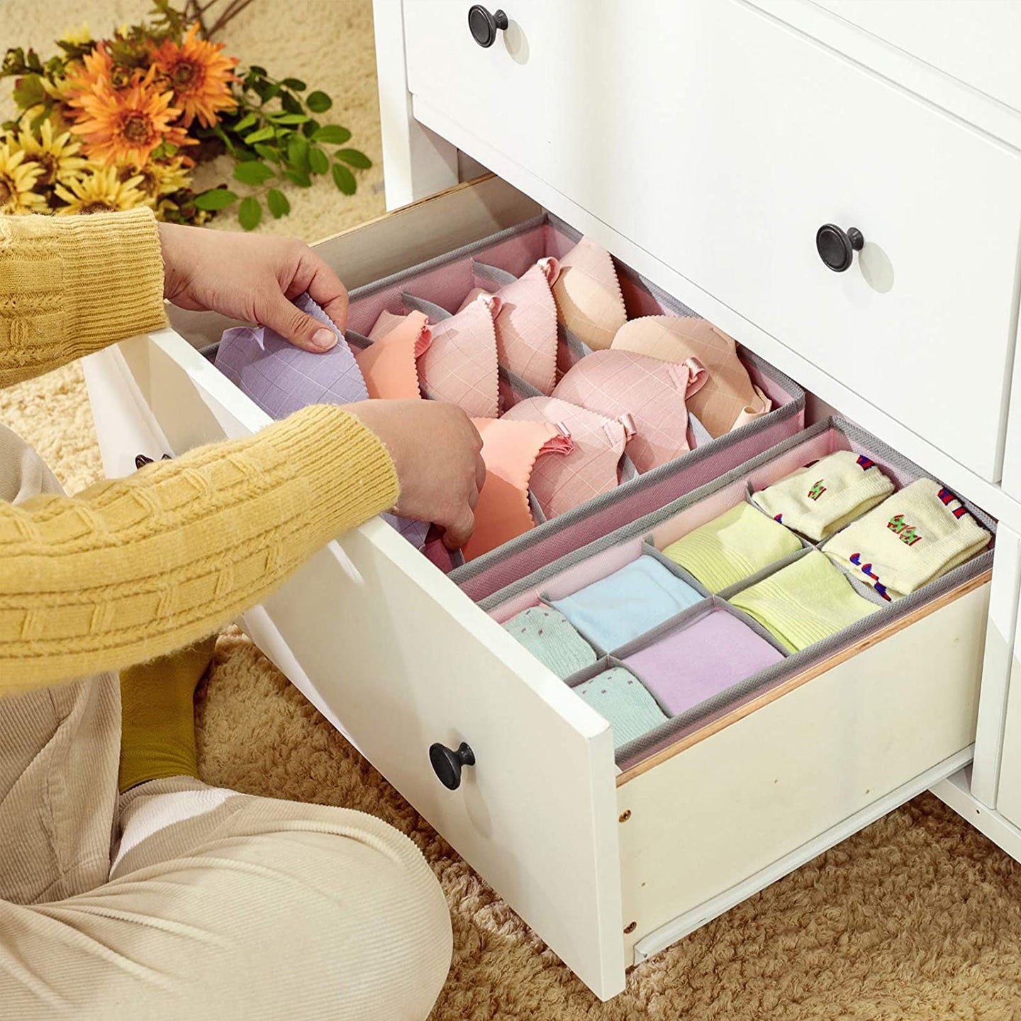 Foldable Storage Boxes Set - Fabric - Grey - Collapsible Drawer Organisers