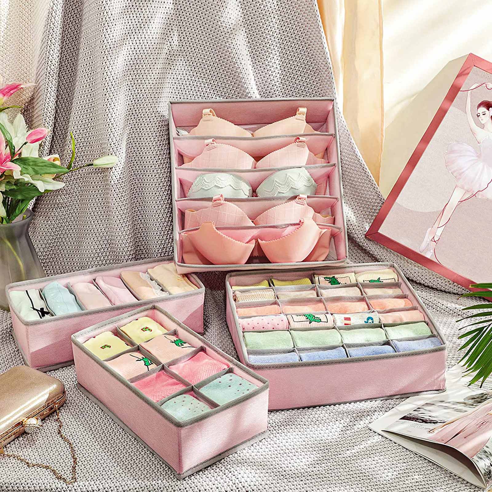 Foldable Storage Boxes Set - Fabric - Grey - Collapsible Drawer Organisers