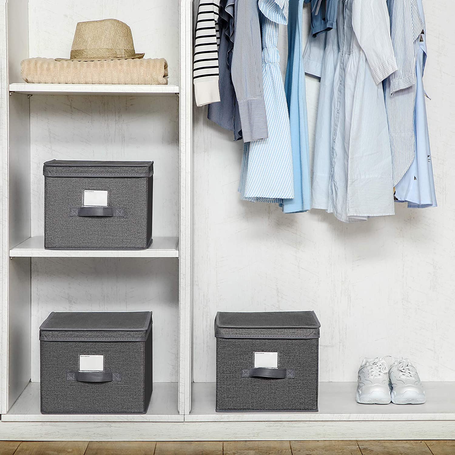 Foldable Storage Boxes Set - Fabric - Grey - Includes Clear Front Window and Lid