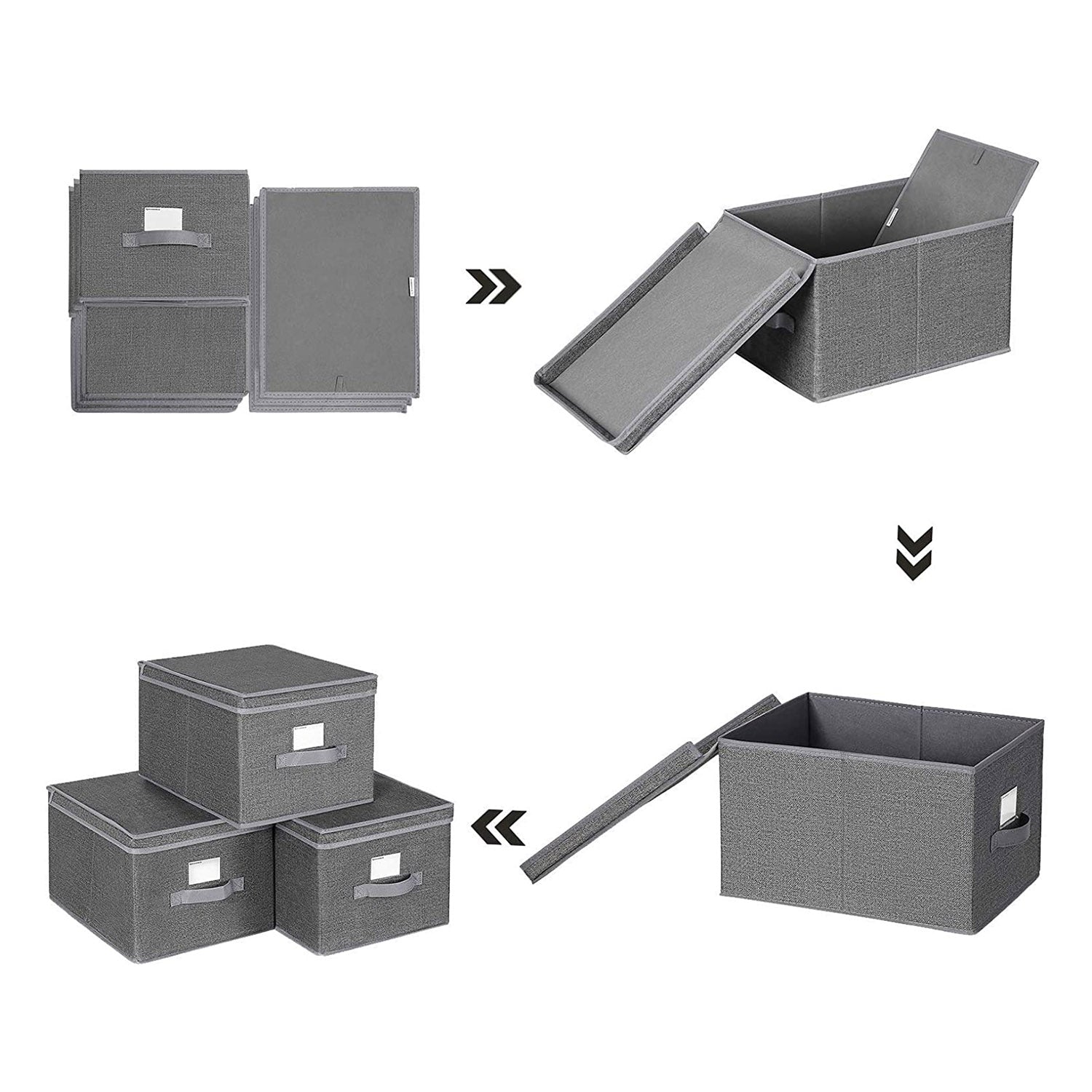 Foldable Storage Boxes Set - Fabric - Grey - Includes Clear Front Window and Lid