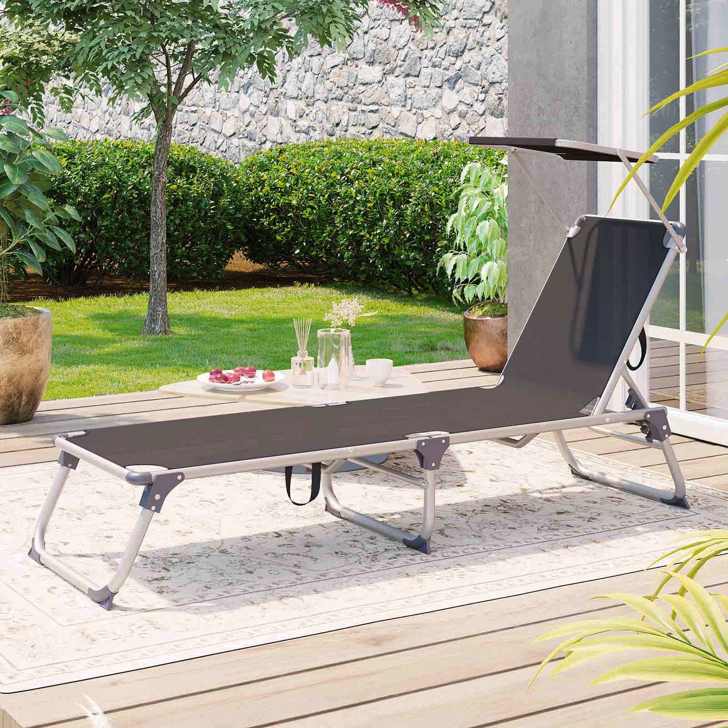 Foldable Sun Lounger - Lightweight Fabric - Dark Grey - Adjustable Backrest with Headrest and Sunshade
