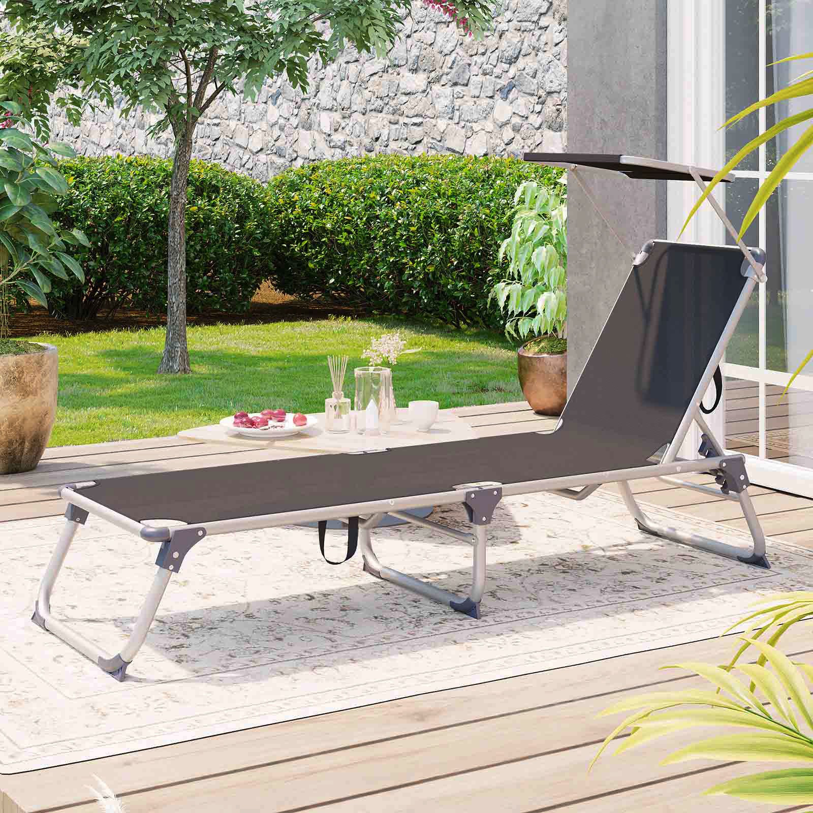 Foldable Sun Lounger - Lightweight Fabric - Dark Grey - Adjustable Backrest with Headrest and Sunshade