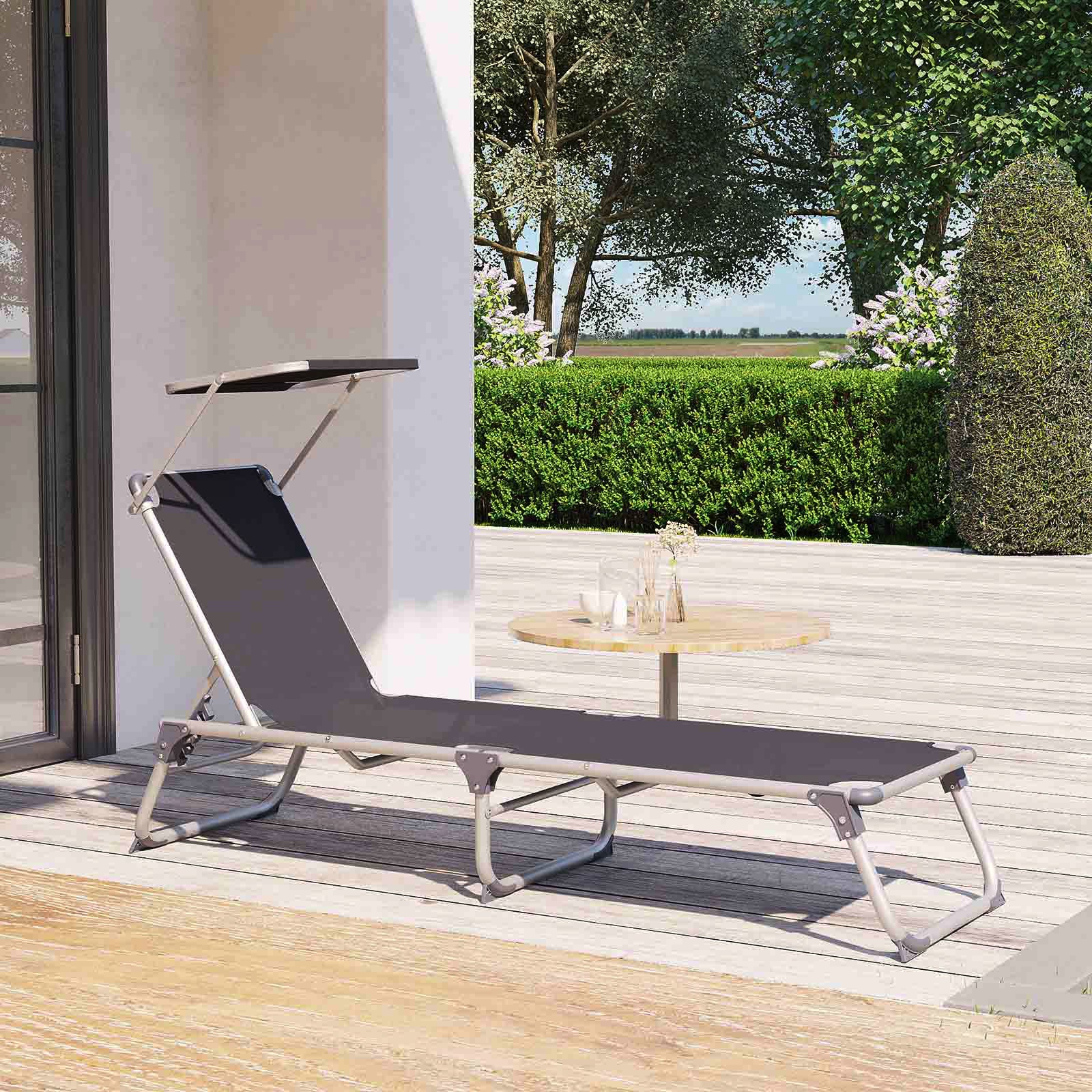 Foldable Sun Lounger - Lightweight Fabric - Dark Grey - Adjustable Backrest with Headrest and Sunshade