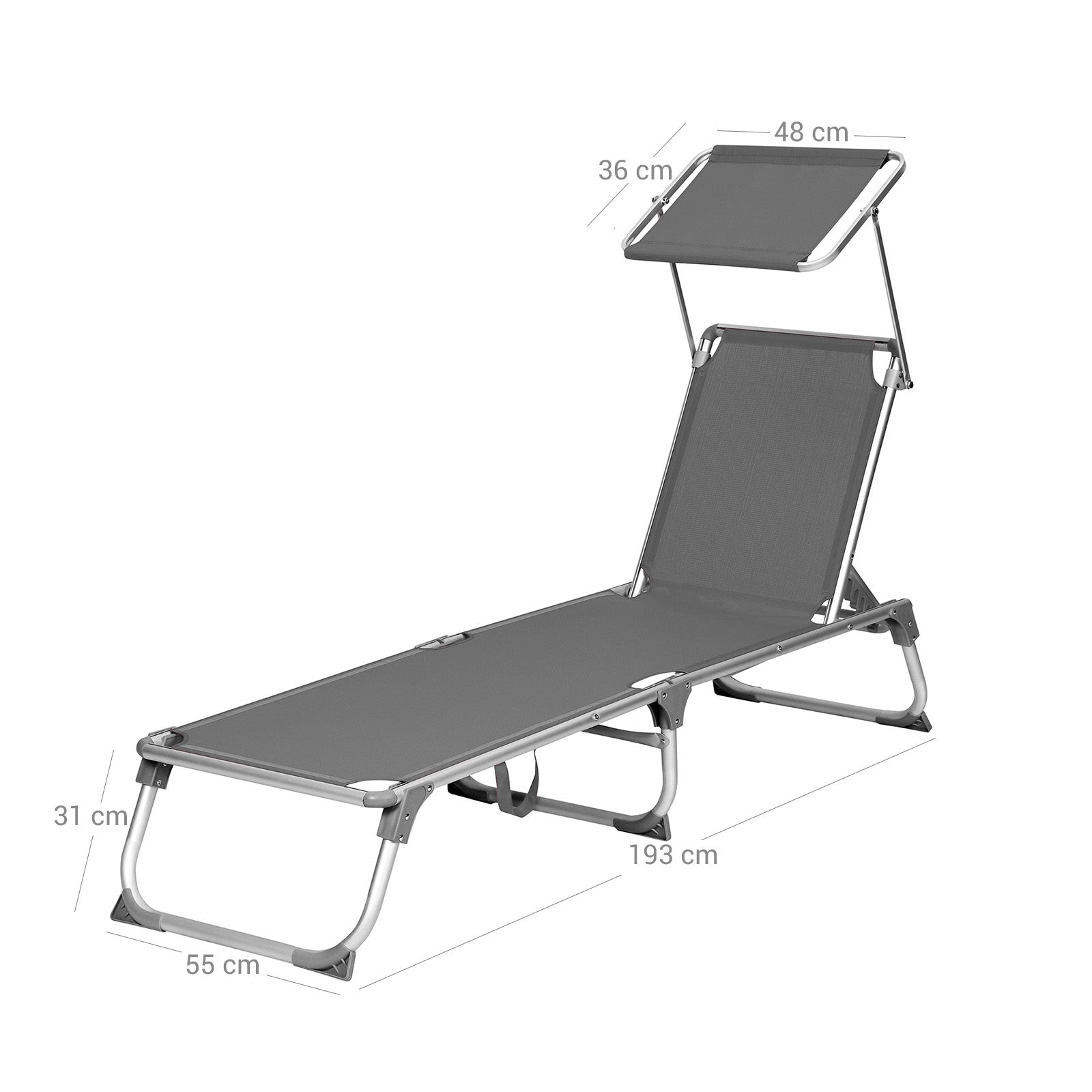 Foldable Sun Lounger - Lightweight Fabric - Dark Grey - Adjustable Backrest with Headrest and Sunshade