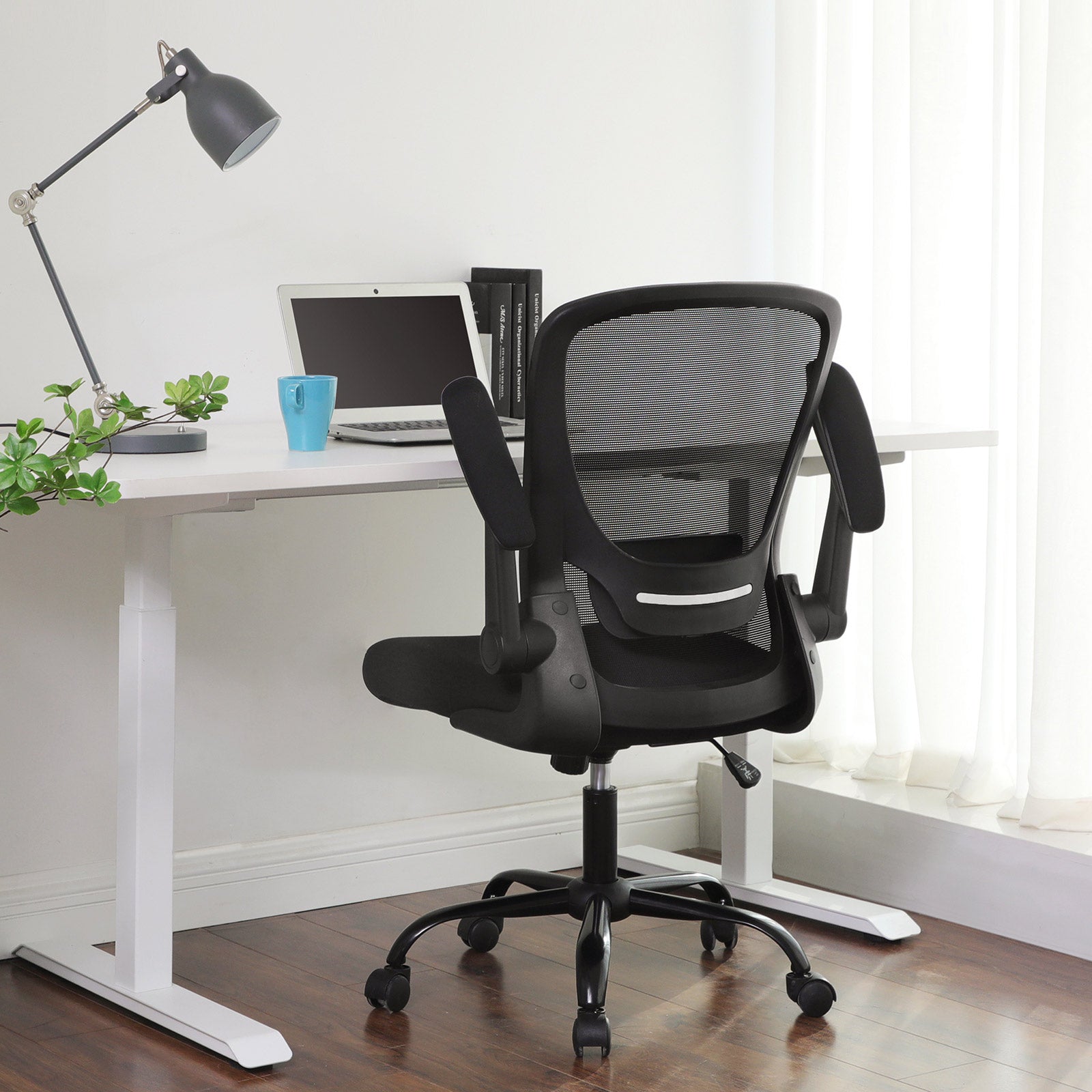 Mesh Office Chair - Fabric - Black - Ergonomic with Folding Armrests and Adjustable Lumbar Support