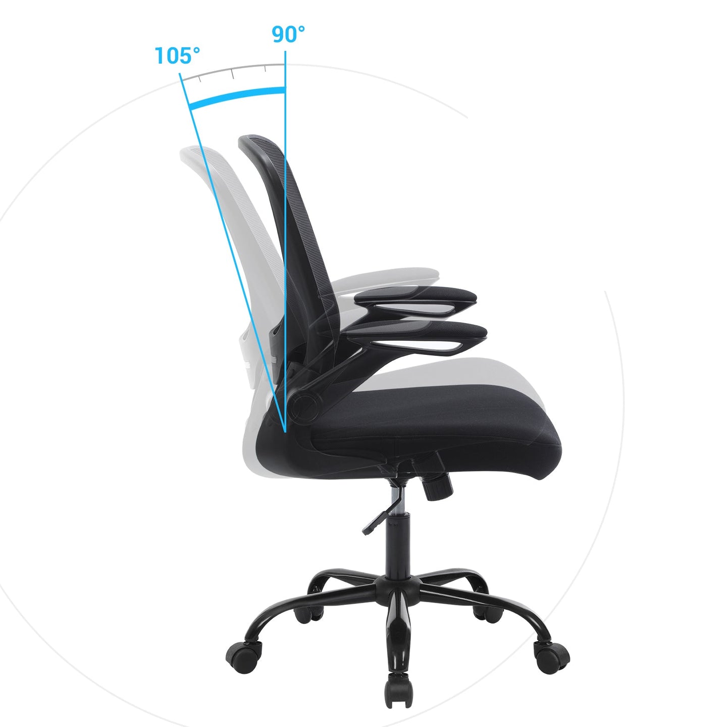 Mesh Office Chair - Fabric - Black - Ergonomic with Folding Armrests and Adjustable Lumbar Support
