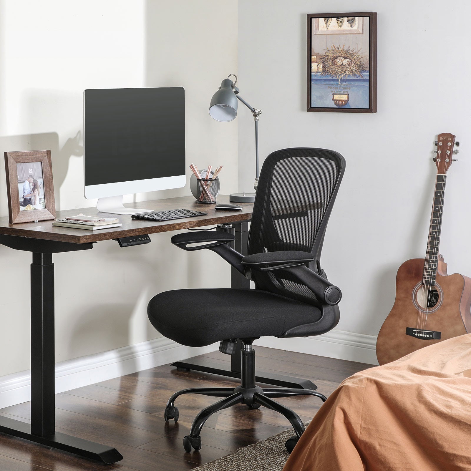 Mesh Office Chair - Fabric - Black - Ergonomic with Folding Armrests and Adjustable Lumbar Support