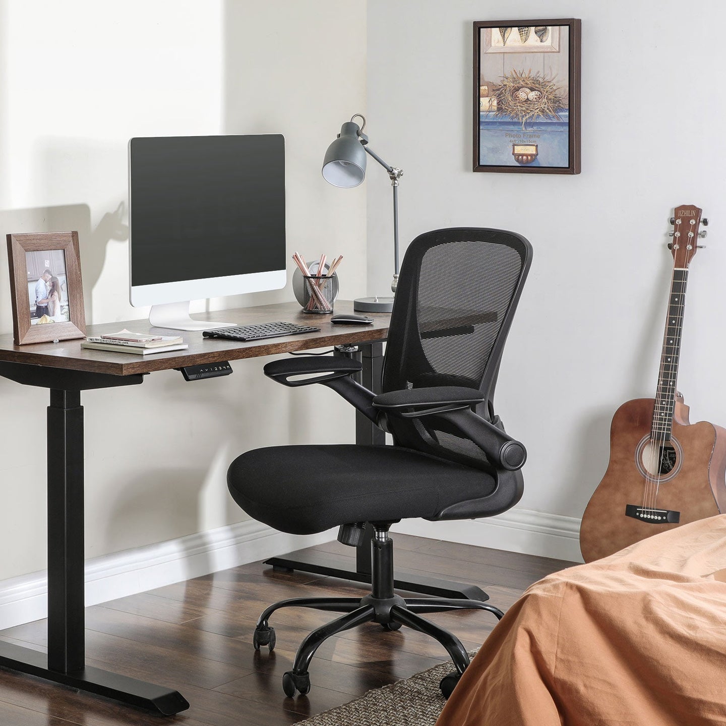 Mesh Office Chair - Fabric - Black - Ergonomic with Folding Armrests and Adjustable Lumbar Support