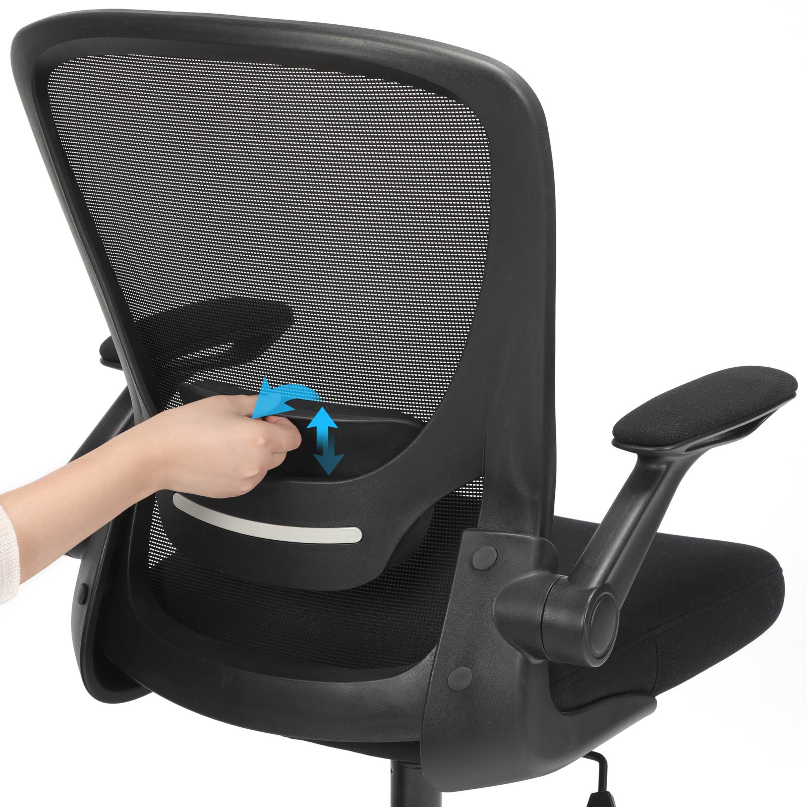 Mesh Office Chair - Fabric - Black - Ergonomic with Folding Armrests and Adjustable Lumbar Support