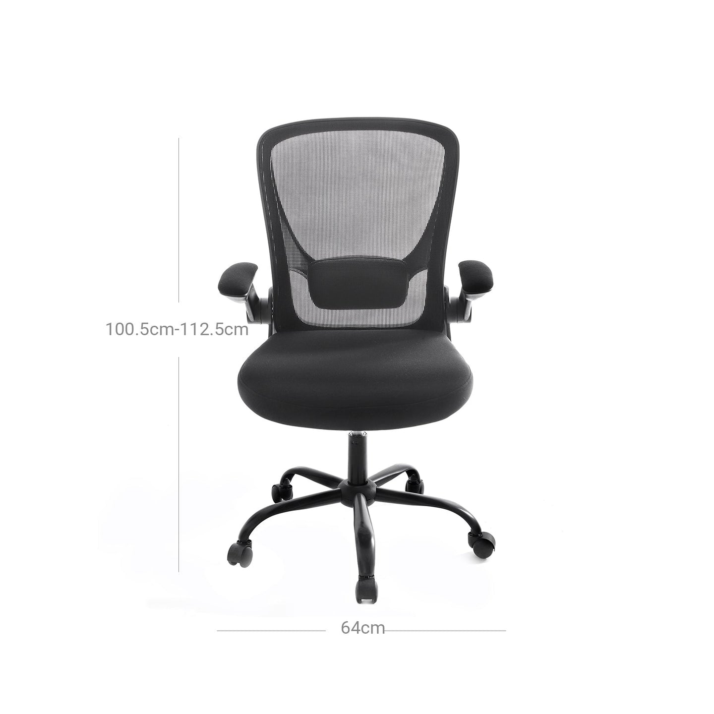 Mesh Office Chair - Fabric - Black - Ergonomic with Folding Armrests and Adjustable Lumbar Support