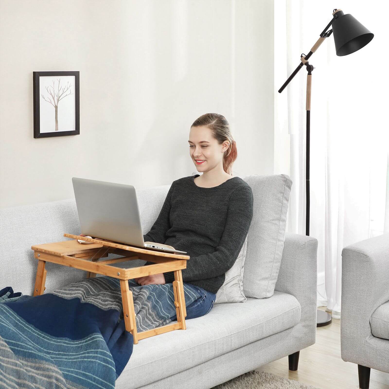 Folding Laptop Desk - Bamboo - Natural - Adjustable Height with Tilting Top and Drawer