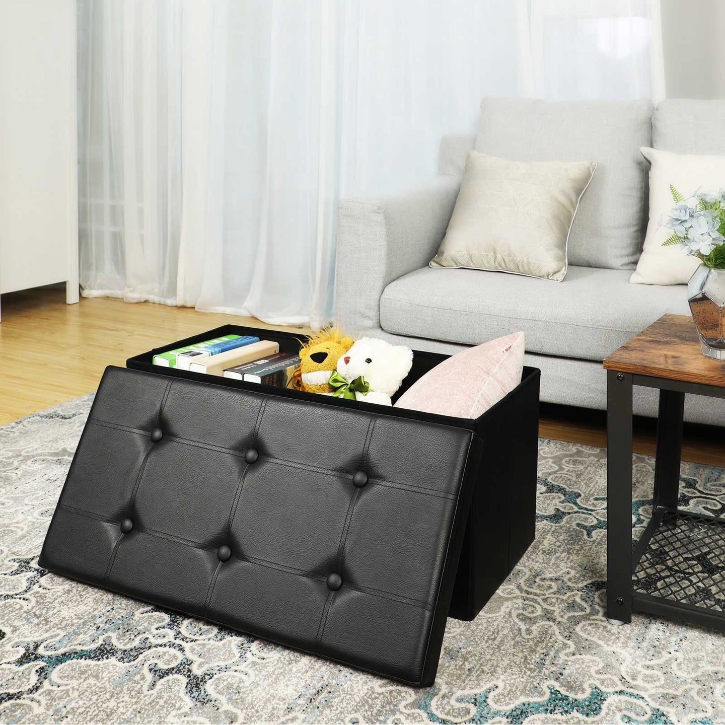 Folding Pouffe Ottoman - Fabric - Black - 80 Litre Storage Capacity