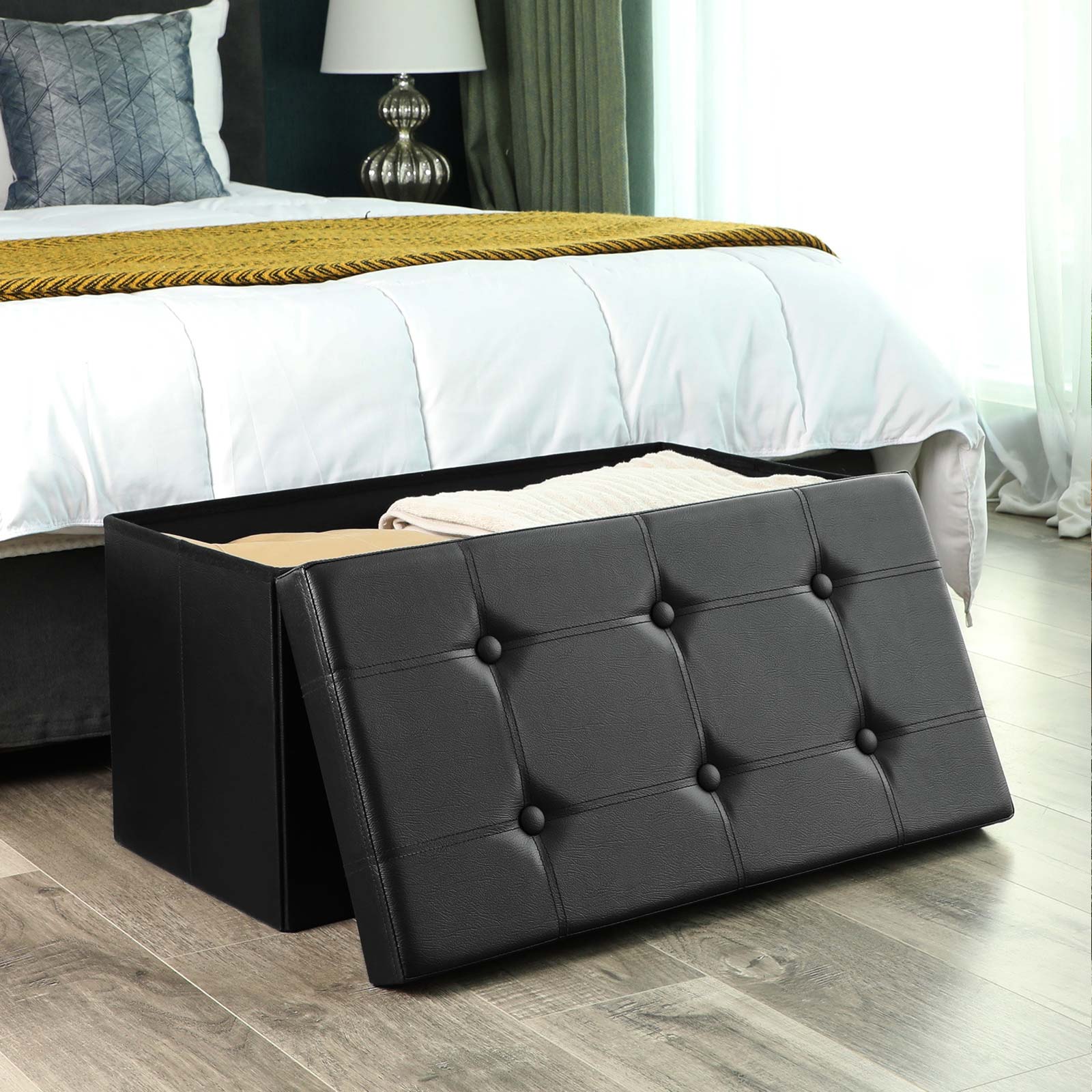 Folding Pouffe Ottoman - Fabric - Black - 80 Litre Storage Capacity