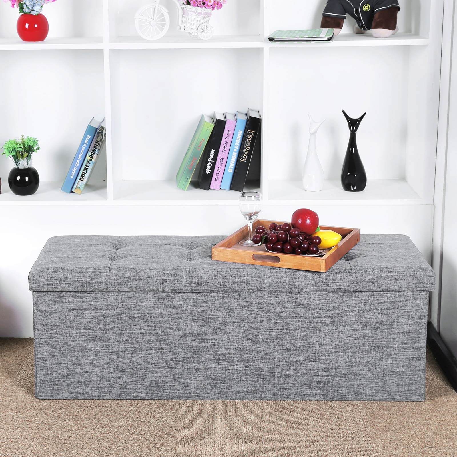 Folding Storage Ottoman - Linen Fabric - Light Grey - Large Size with Storage Compartment