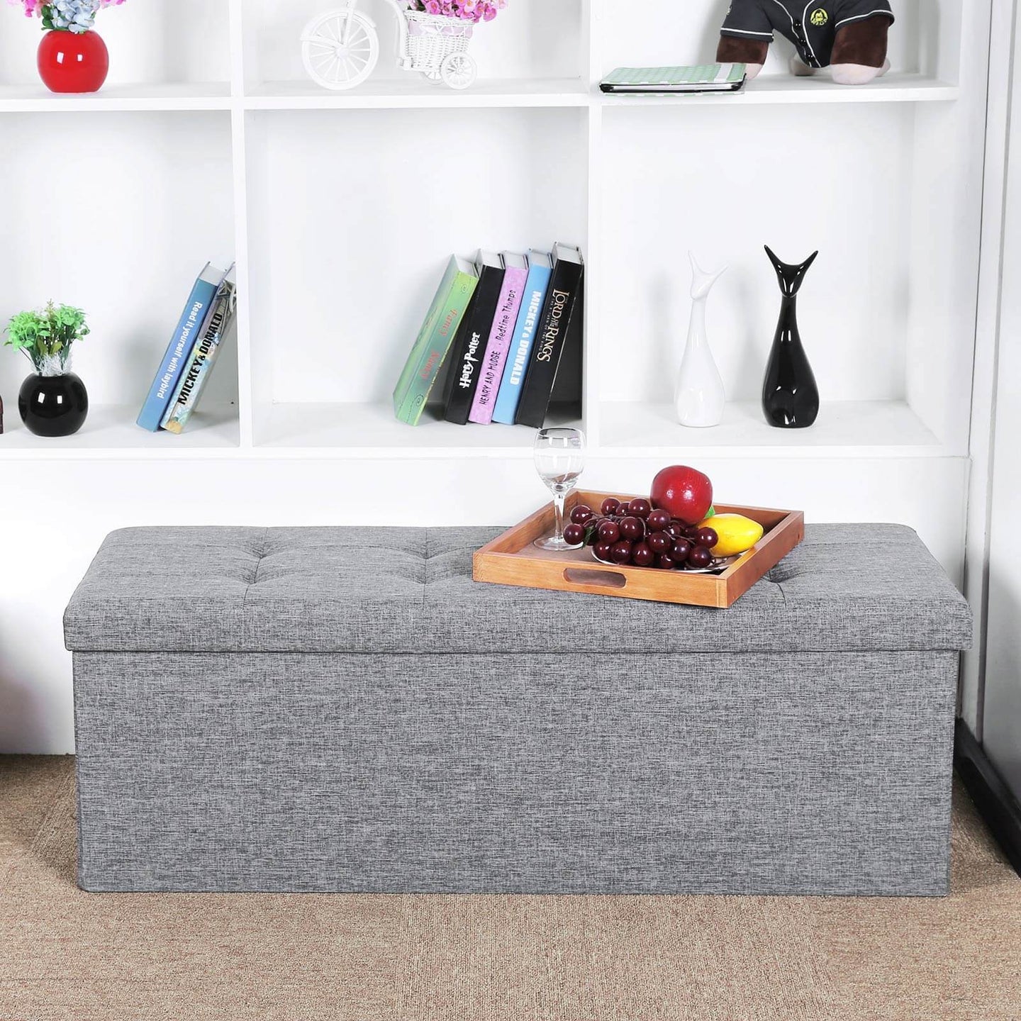 Folding Storage Ottoman - Linen Fabric - Light Grey - Large Size with Storage Compartment